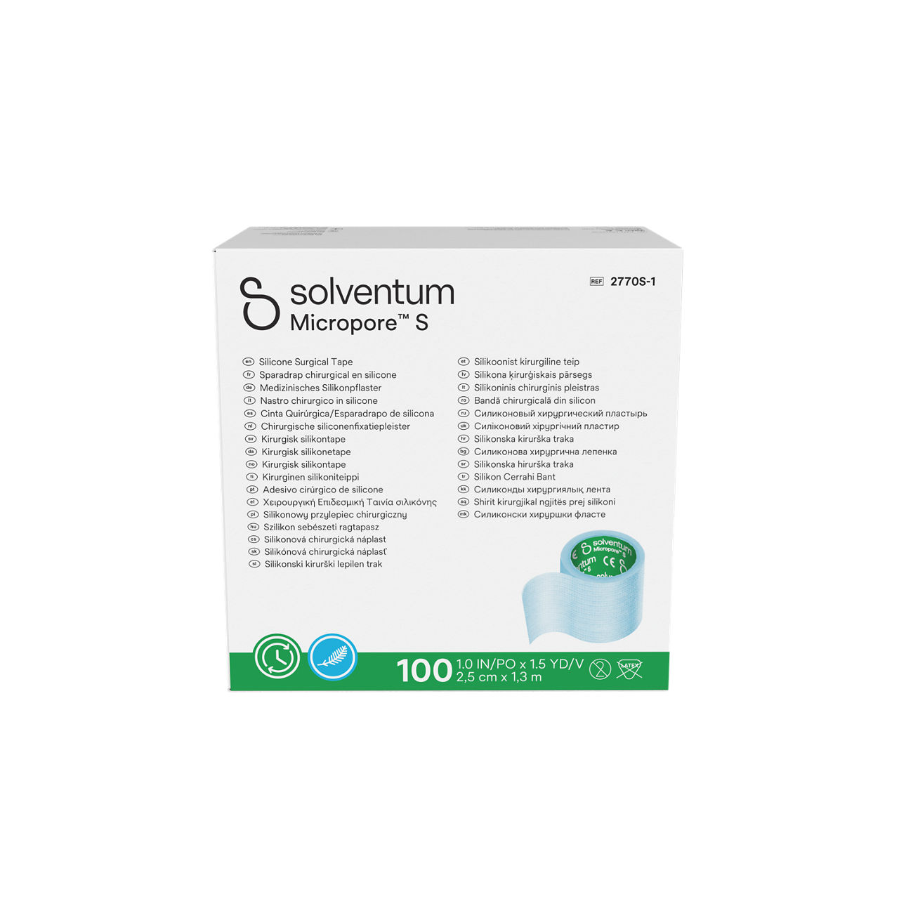 Solventum™ Micropore™ S Silicone Surgical Tape, 2770S-1, Single Use, 1 in x 1.5 yd (2.5 cm x 1.3 m), 100/CAR, 5 CAR/CS, 500/CS - Front, Center, In Packaging (1C1)