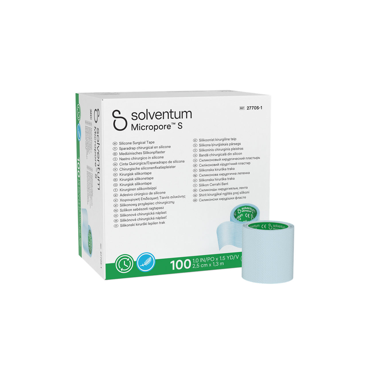 Solventum™ Micropore™ S Silicone Surgical Tape, 2770S-1, Single Use, 1 in x 1.5 yd (2.5 cm x 1.3 m), 100/CAR, 5 CAR/CS, 500/CS - Front, Left, In and Out of Packaging (1L10)