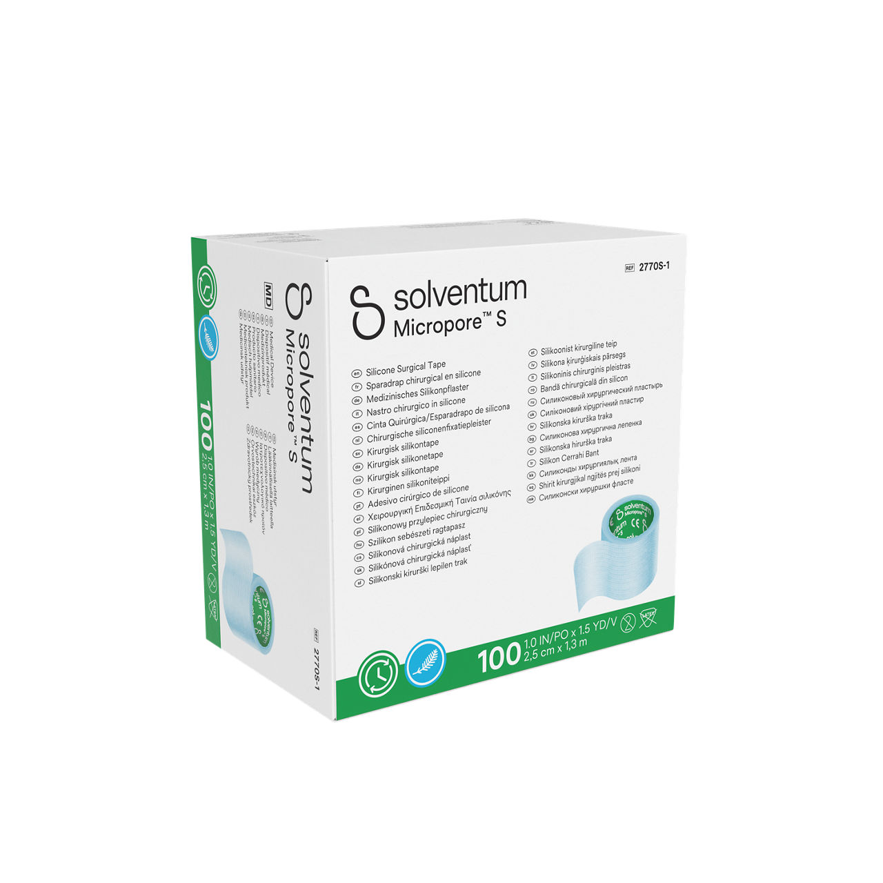 Solventum™ Micropore™ S Silicone Surgical Tape, 2770S-1, Single Use, 1 in x 1.5 yd (2.5 cm x 1.3 m), 100/CAR, 5 CAR/CS, 500/CS - Front, Left, In Packaging (1L1)