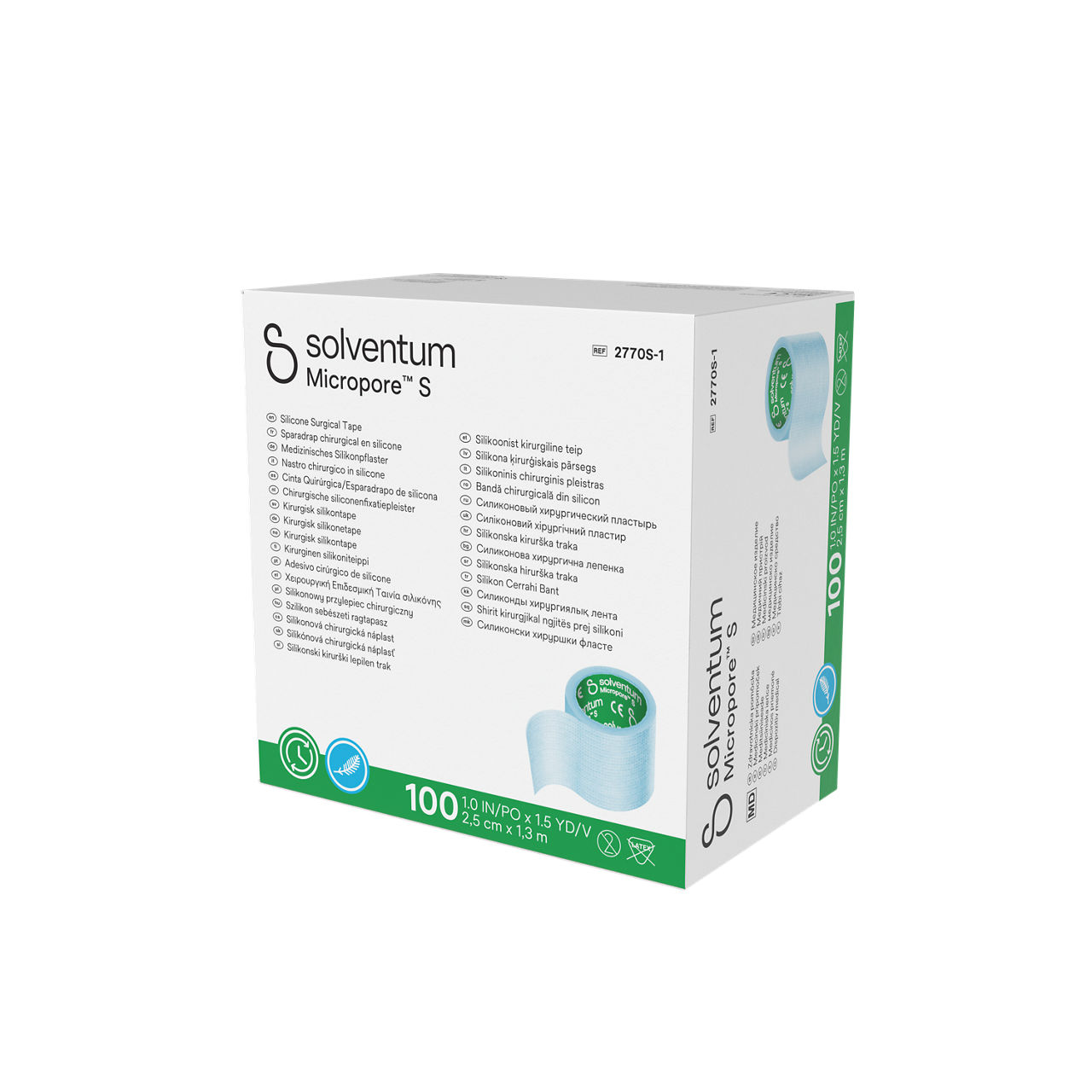 Solventum™ Micropore™ S Silicone Surgical Tape, 2770S-1, Single Use, 1 in x 1.5 yd (2.5 cm x 1.3 m), 100/CAR, 5 CAR/CS, 500/CS - Front, Right, In Packaging (1R1)
