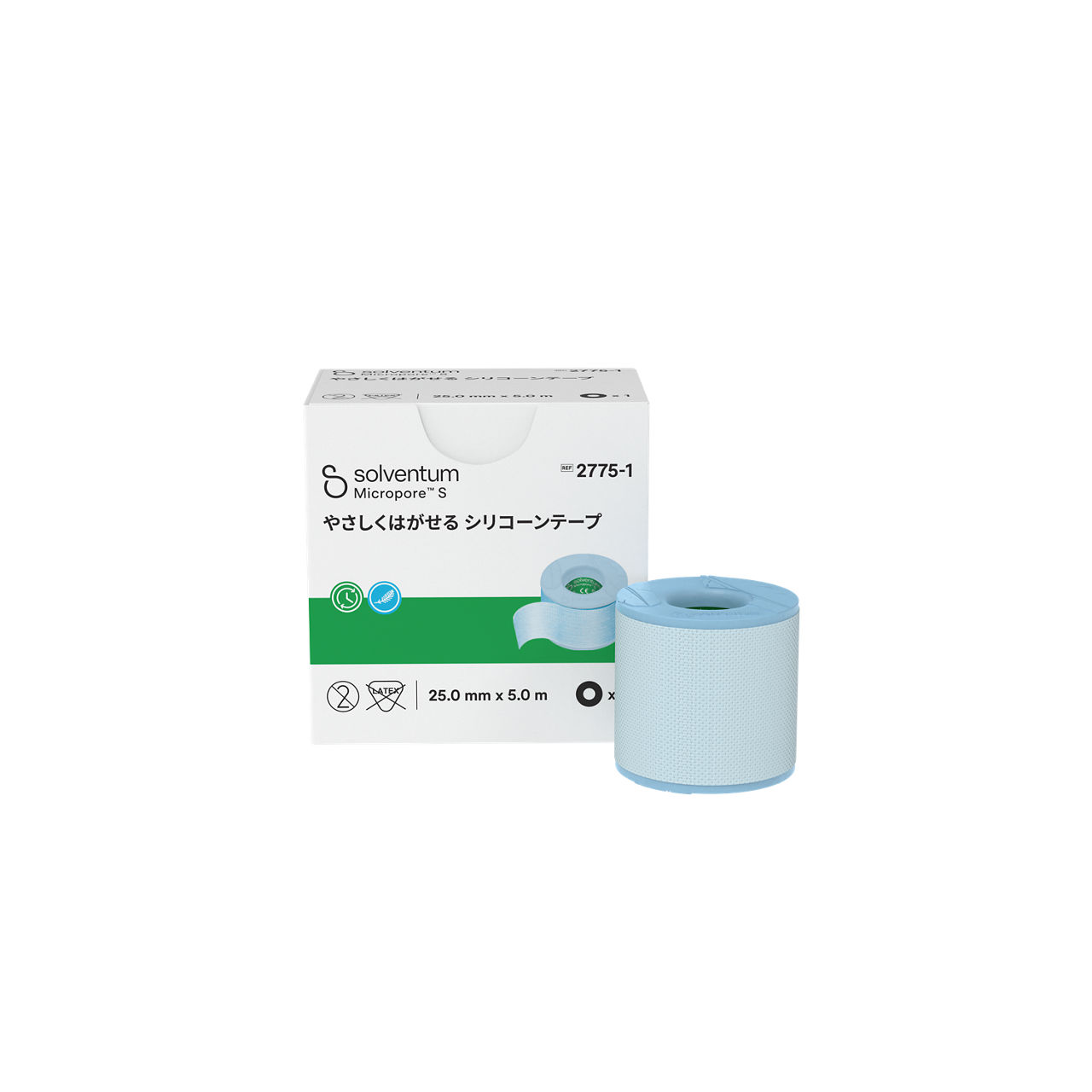 Solventum™ Micropore™ S Silicone Surgical Tape, 2775-1, 1 in x 5.5 yd (2.5 cm x 5 m), 1/CAR, 24 CAR/CS, 24/CS - Front, Center, In and Out of Packaging (1C10)