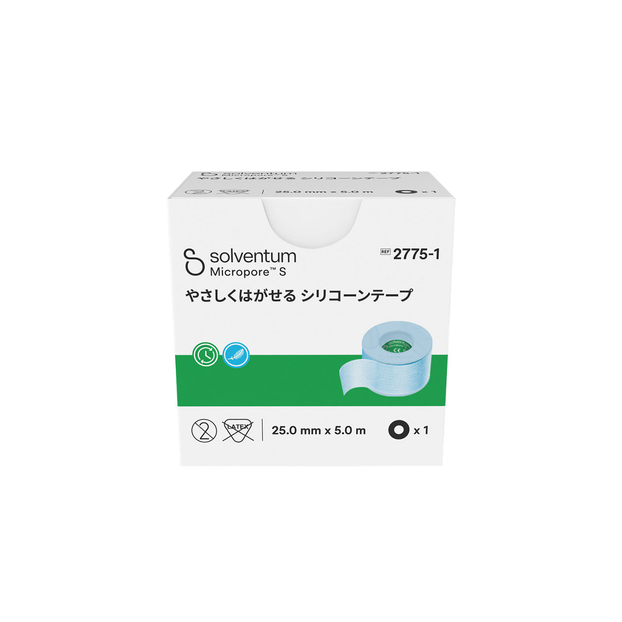 Solventum™ Micropore™ S Silicone Surgical Tape, 2775-1, 1 in x 5.5 yd (2.5 cm x 5 m), 1/CAR, 24 CAR/CS, 24/CS - Front, Center, In Packaging (1C1)