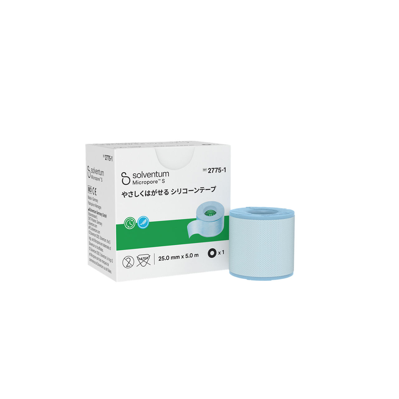 Solventum™ Micropore™ S Silicone Surgical Tape, 2775-1, 1 in x 5.5 yd (2.5 cm x 5 m), 1/CAR, 24 CAR/CS, 24/CS - Front, Left, In and Out of Packaging (1L10)