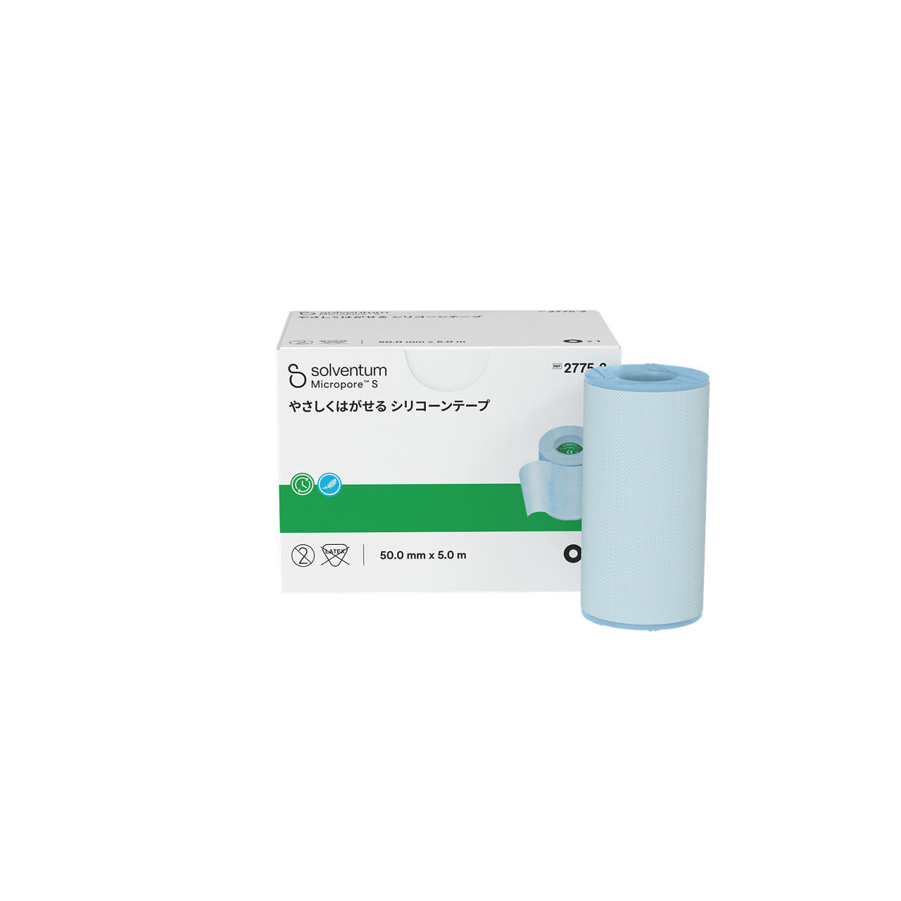 Solventum™ Micropore™ S Silicone Surgical Tape, 2775-2, 2 in x 5.5 yd (5cm x 5 m), 1/CAR, 12 CAR/CS, 12/CS - Front, Center, In and Out of Packaging (1C10)