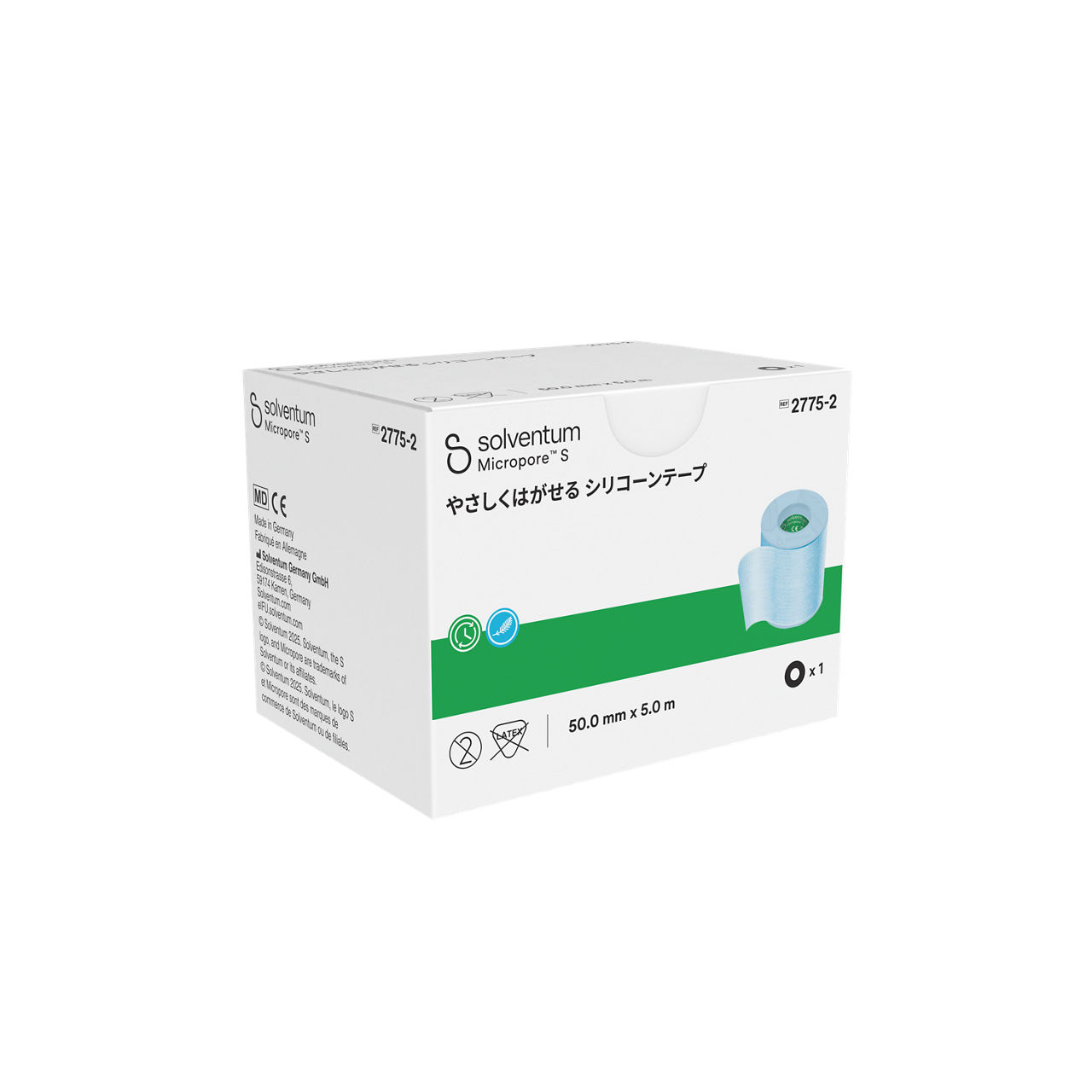 Solventum™ Micropore™ S Silicone Surgical Tape, 2775-2, 2 in x 5.5 yd (5cm x 5 m), 1/CAR, 12 CAR/CS, 12/CS - Front, Left, In Packaging (1L1)