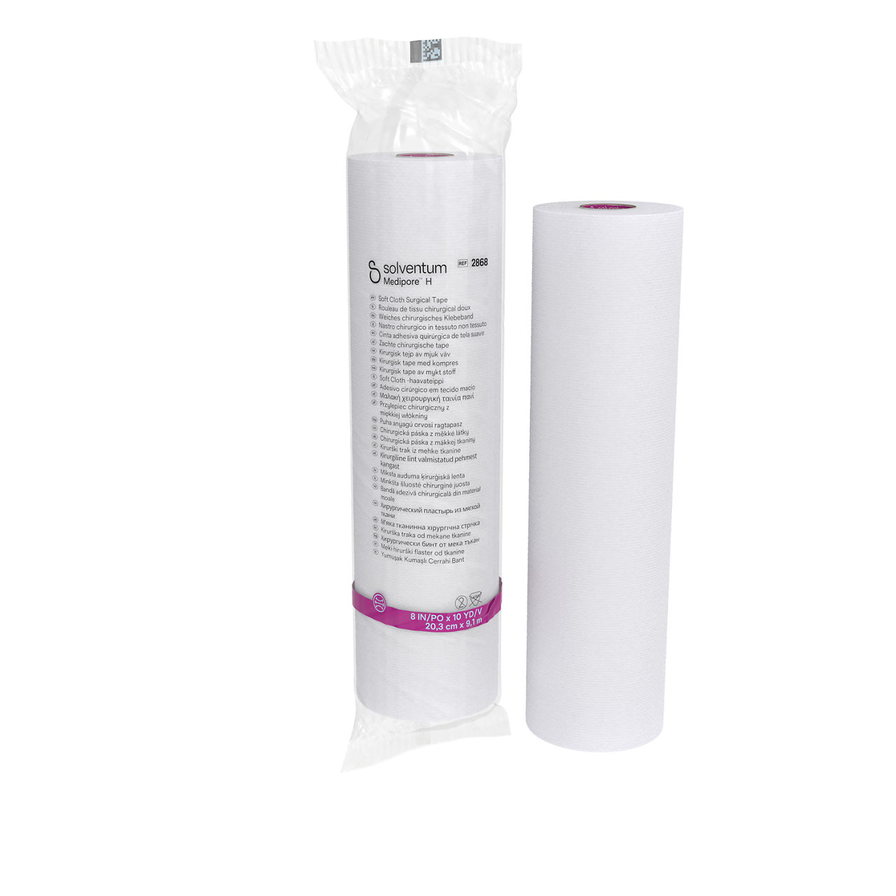 Solventum™ Medipore™ H Soft Cloth Surgical Tape, 2868, 8 in x 10 yd (20.3 cm x 9.1 m), 6/CS - Front, Center, In and Out of Packaging (1C10)