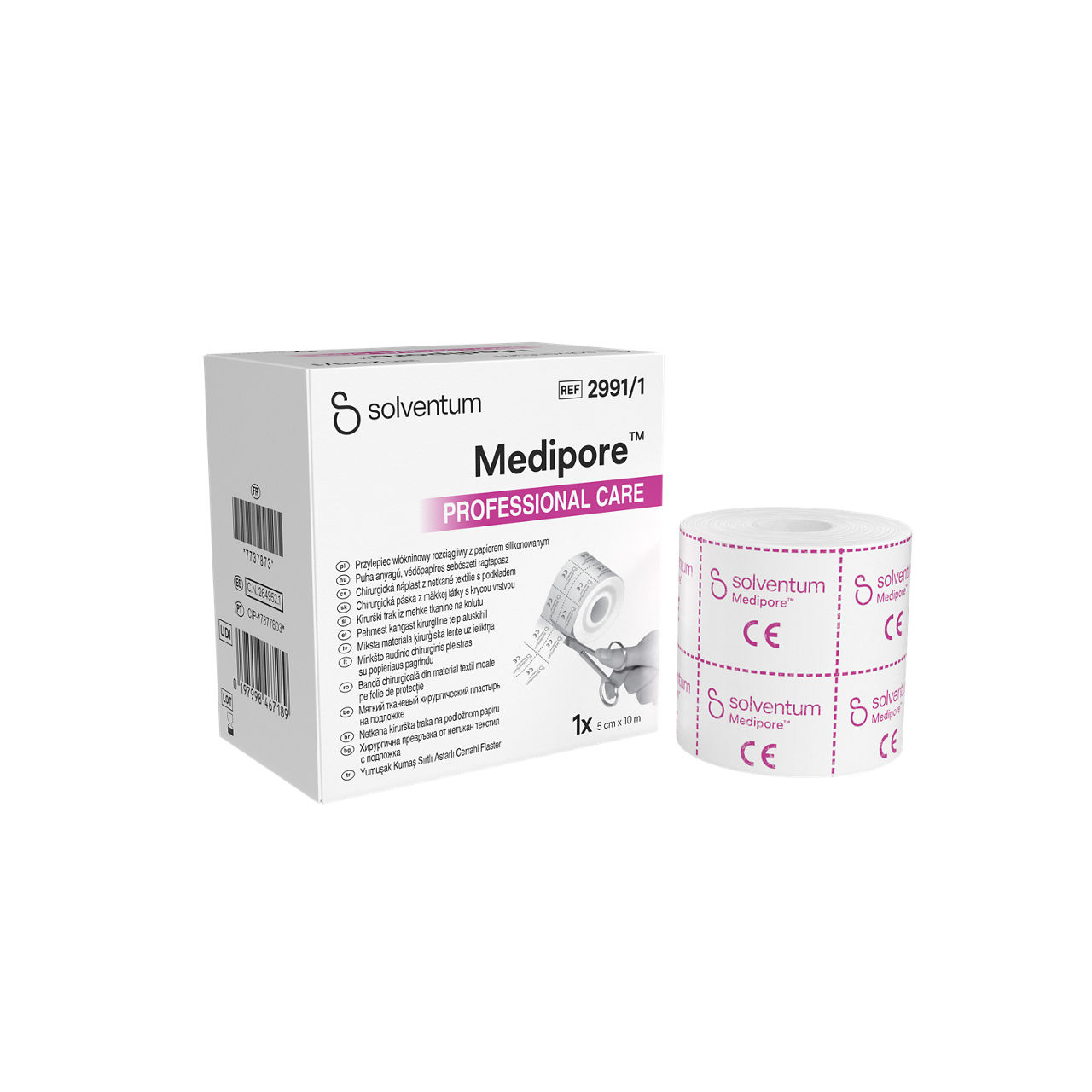 Solventum™ Medipore™ Professional Care Soft Cloth Surgical Tape on Liner, 2991/1, 5 cm x 10 m (50 mm x 10 m), 1/CAR - Front, Left, In and Out of Packaging (1L10)