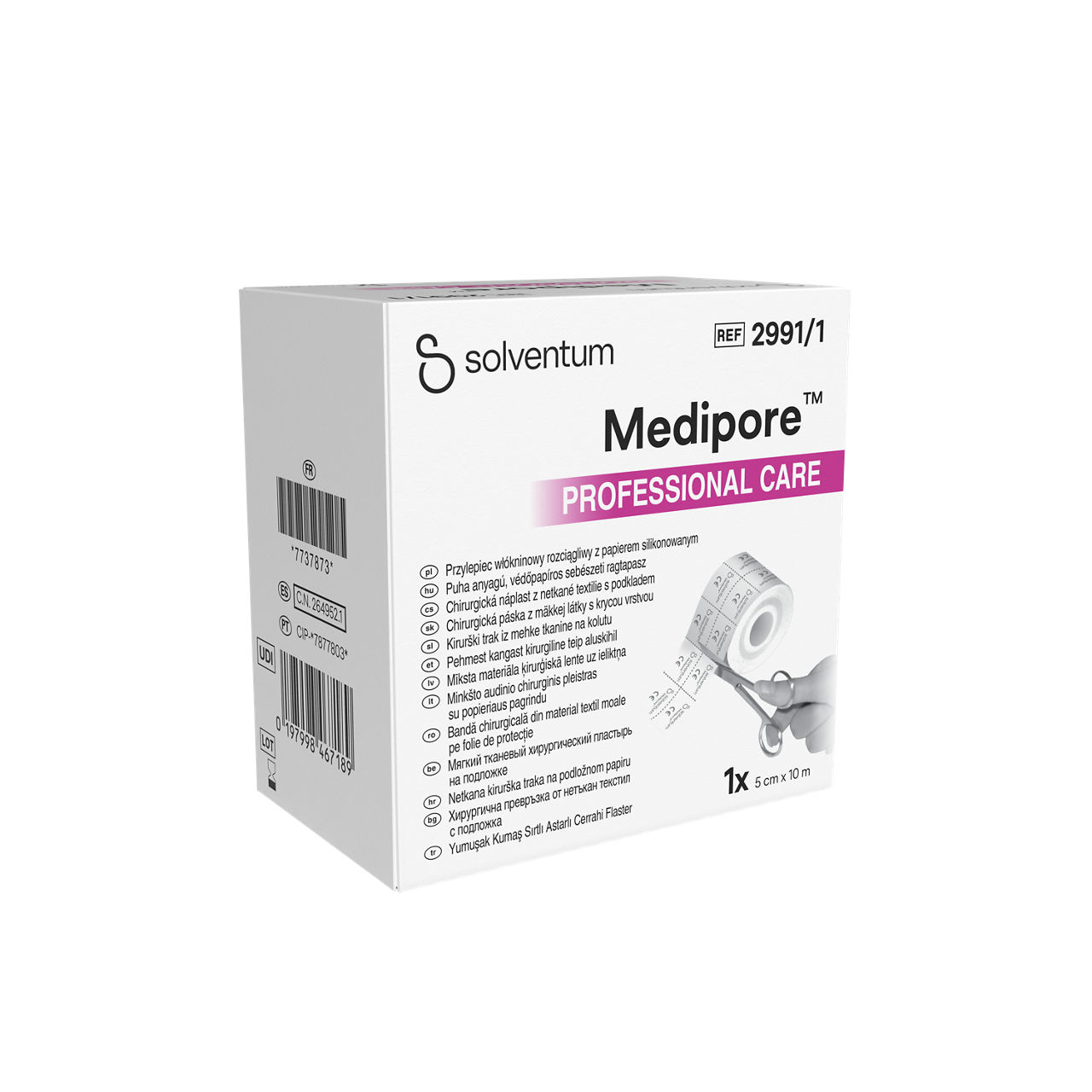 Solventum™ Medipore™ Professional Care Soft Cloth Surgical Tape on Liner, 2991/1, 5 cm x 10 m (50 mm x 10 m), 1/CAR - Front, Left, In Packaging (1L1)
