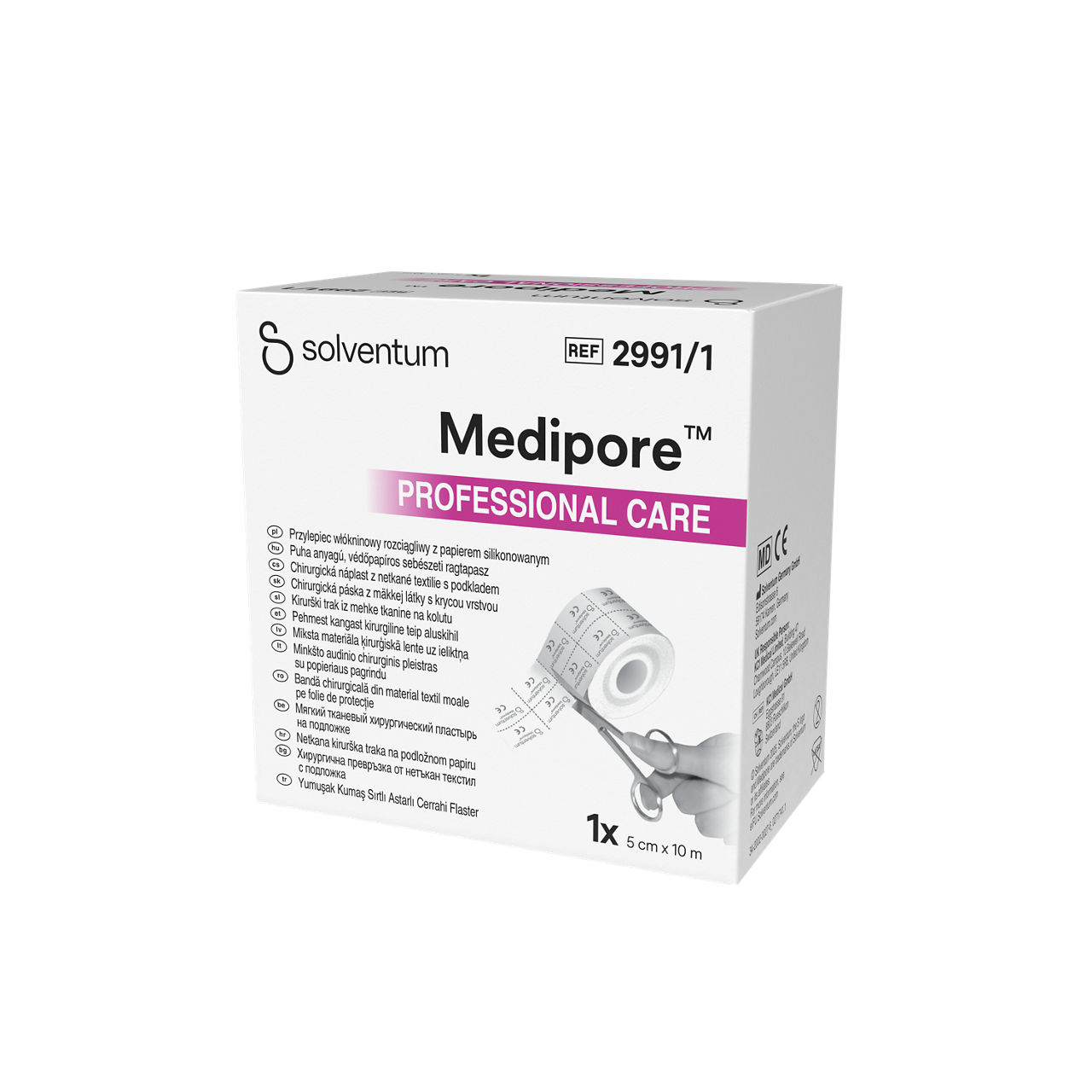 Solventum™ Medipore™ Professional Care Soft Cloth Surgical Tape on Liner, 2991/1, 5 cm x 10 m (50 mm x 10 m), 1/CAR - Front, Right, In Packaging (1R1)