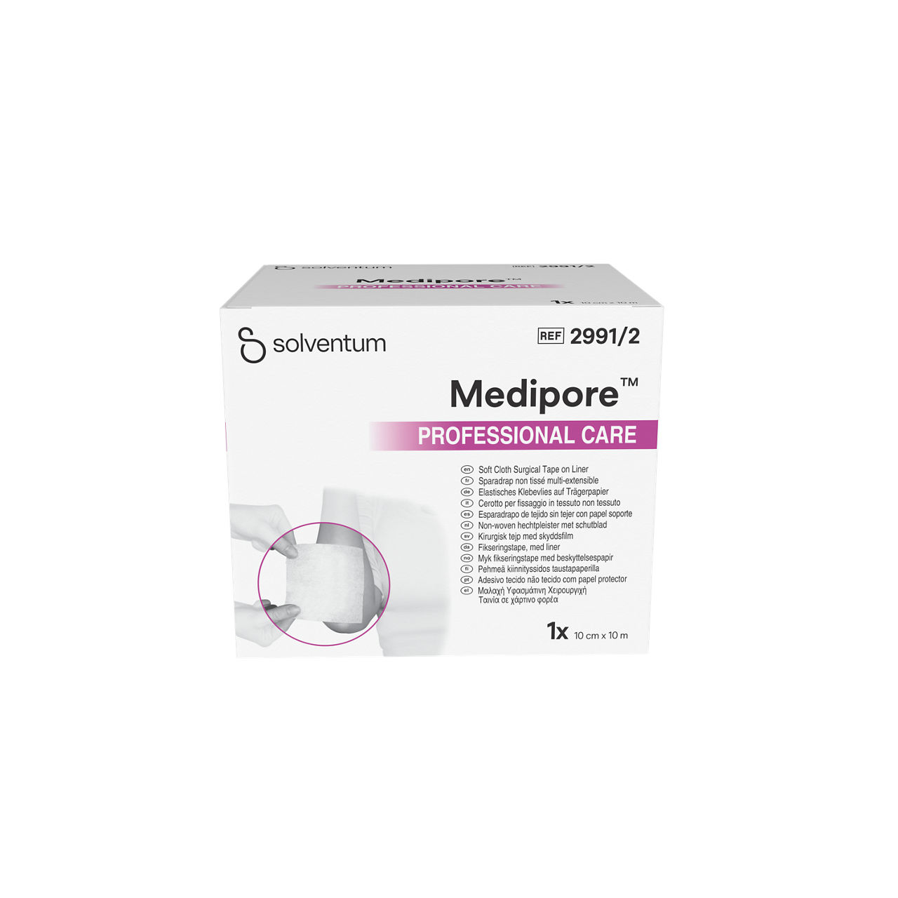 Solventum™ Medipore™ Professional Care Soft Cloth Surgical Tape on Liner, 2991/2, 10 cm x 10 m (100 mm x 10 m), 1/CAR - Front, Center, In Packaging (1C1)