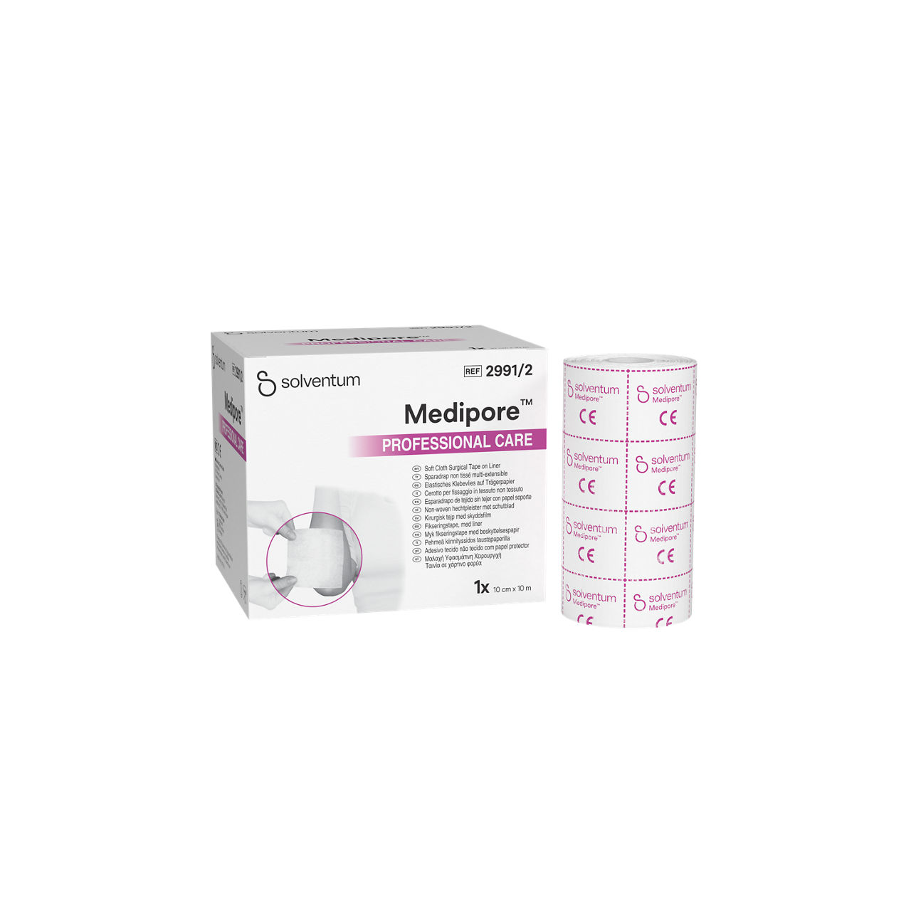 Solventum™ Medipore™ Professional Care Soft Cloth Surgical Tape on Liner, 2991/2, 10 cm x 10 m (100 mm x 10 m), 1/CAR - Front, Left, In and Out of Packaging (1L10)