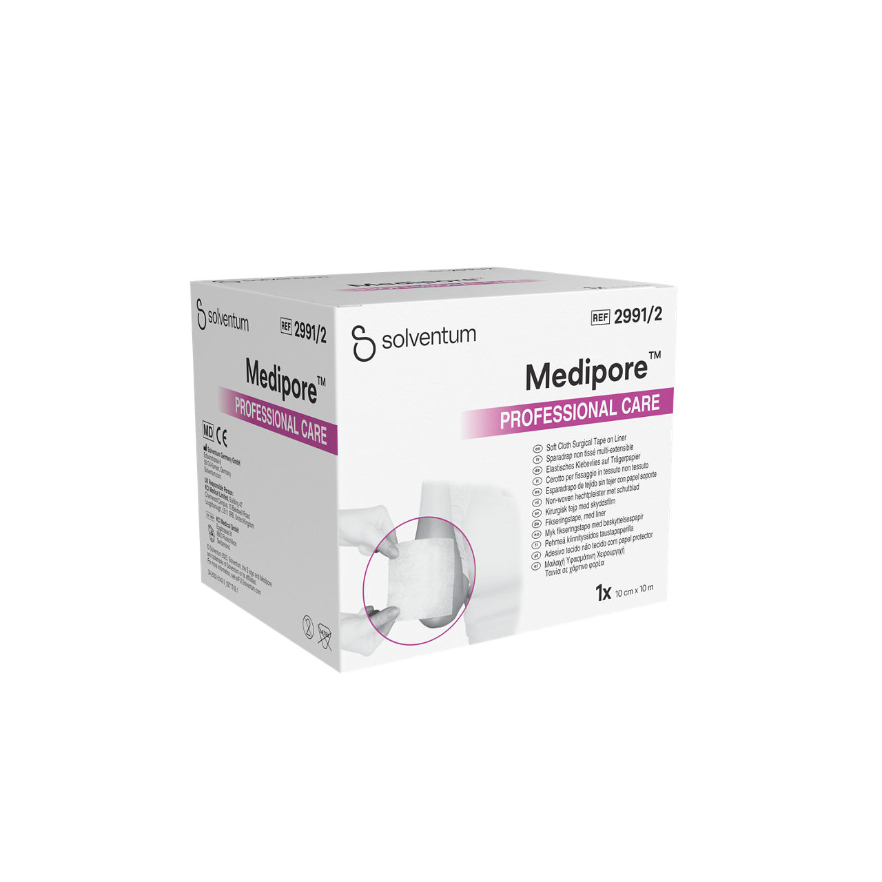 Solventum™ Medipore™ Professional Care Soft Cloth Surgical Tape on Liner, 2991/2, 10 cm x 10 m (100 mm x 10 m), 1/CAR - Front, Left, In Packaging (1L1)