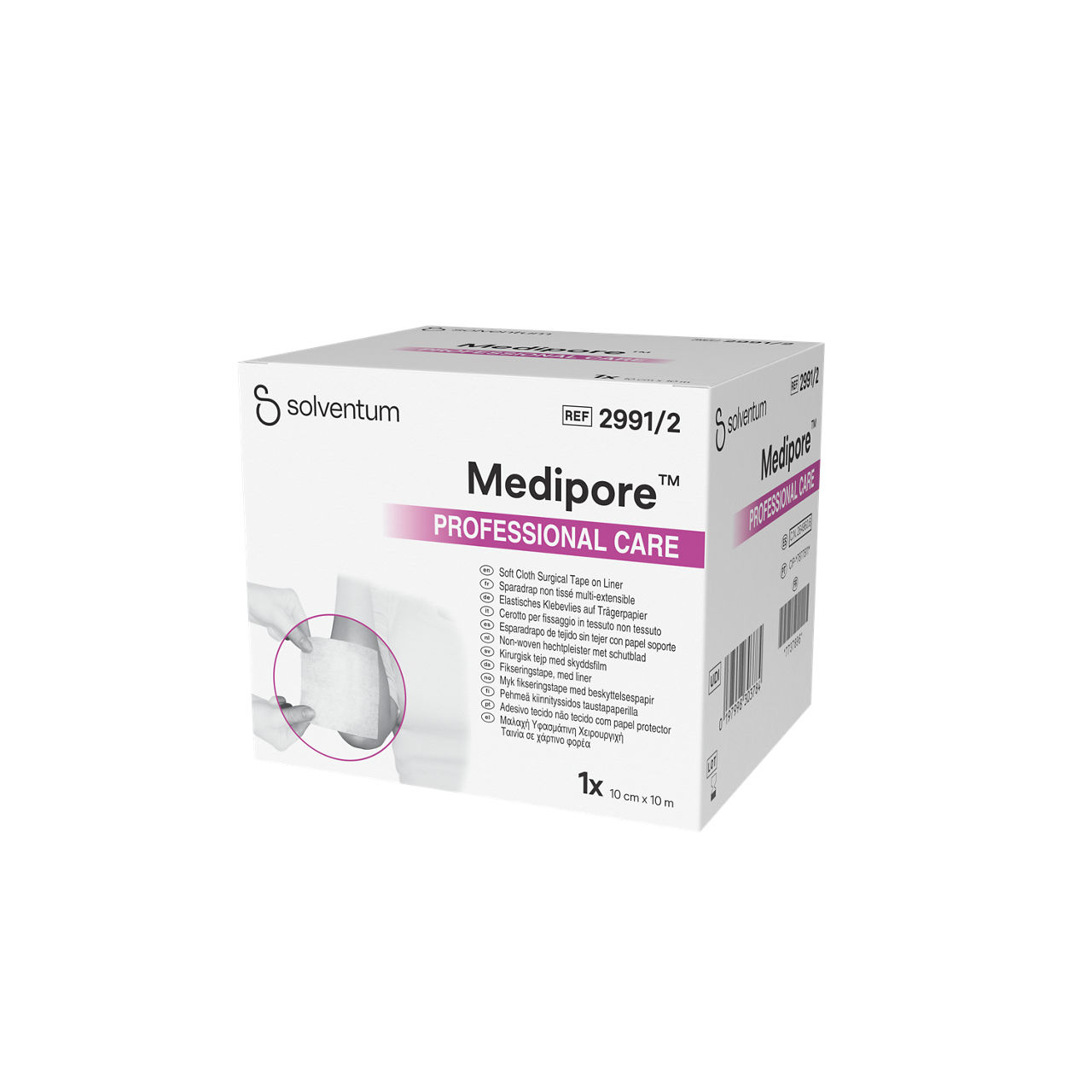 Solventum™ Medipore™ Professional Care Soft Cloth Surgical Tape on Liner, 2991/2, 10 cm x 10 m (100 mm x 10 m), 1/CAR - Front, Right, In Packaging (1R1)