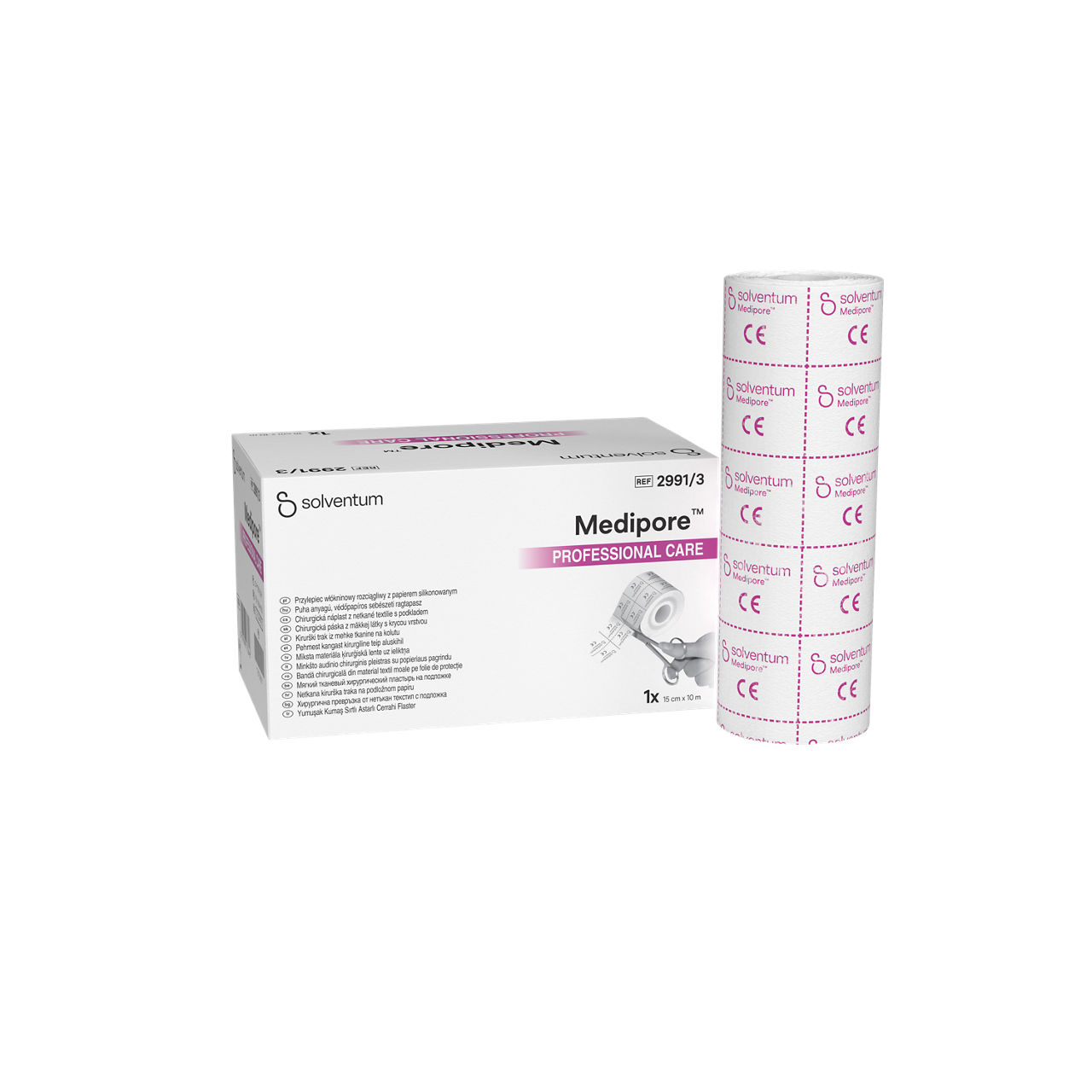 Solventum™ Medipore™ Professional Care Soft Cloth Surgical Tape on Liner, 2991/3, 15 cm x 10 m (150 mm x 10 m), 1/CAR - Front, Left, In and Out of Packaging (1L10)