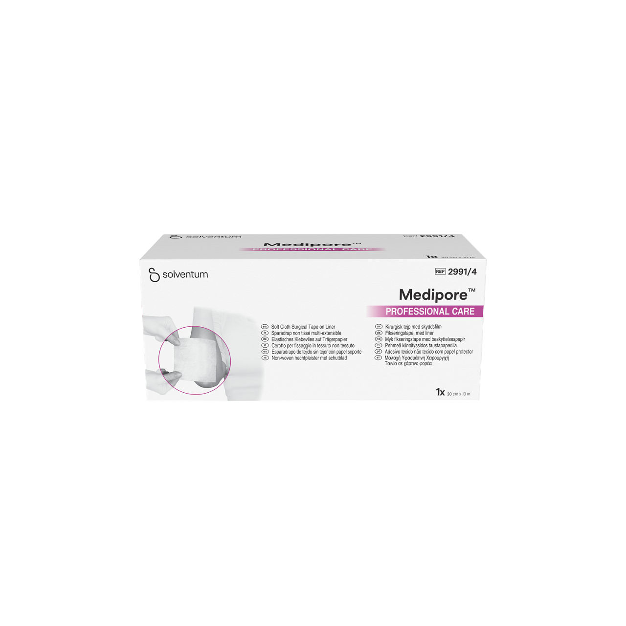 Solventum™ Medipore™ Professional Care Soft Cloth Surgical Tape on Liner, 2991/4, 20 cm x 10 m (200 mm x 10 m), 1/CAR - Front, Center, In Packaging (1C1)