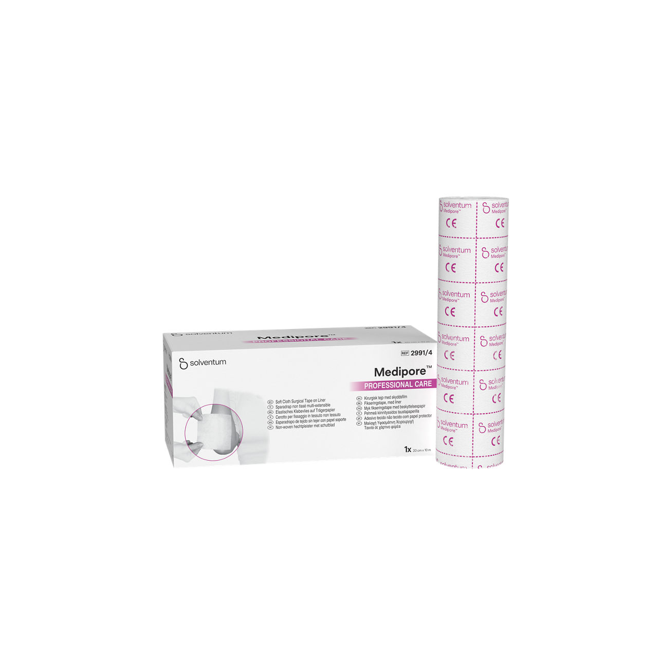 Solventum™ Medipore™ Professional Care Soft Cloth Surgical Tape on Liner, 2991/4, 20 cm x 10 m (200 mm x 10 m), 1/CAR - Front, Left, In and Out of Packaging (1L10)