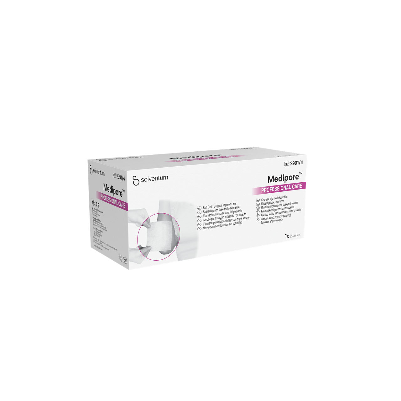 Solventum™ Medipore™ Professional Care Soft Cloth Surgical Tape on Liner, 2991/4, 20 cm x 10 m (200 mm x 10 m), 1/CAR - Front, Left, In Packaging (1L1)