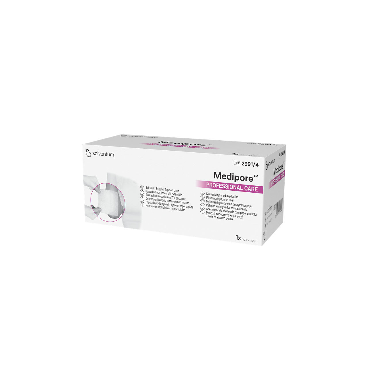 Solventum™ Medipore™ Professional Care Soft Cloth Surgical Tape on Liner, 2991/4, 20 cm x 10 m (200 mm x 10 m), 1/CAR - Front, Right, In Packaging (1R1)