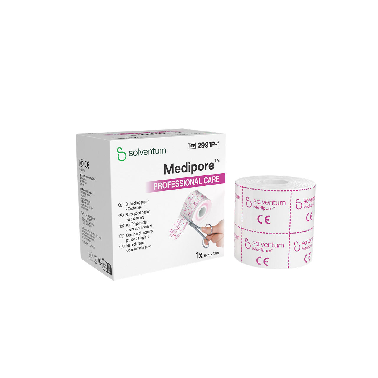 Solventum™ Medipore™ Professional Care Soft Cloth Adhesive Tape for the Fixation of Wound Dressings, 2991P-1, 5 cm x 10 m, 1/CAR - Front, Left, In and Out of Packaging (1L10)