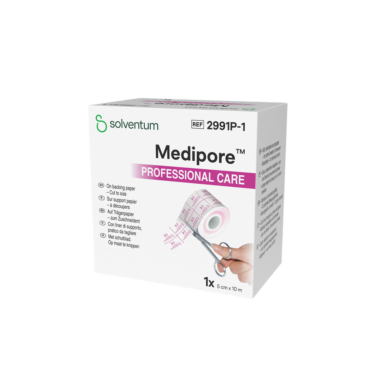 Solventum™ Medipore™ Professional Care Soft Cloth Adhesive Tape for the Fixation of Wound Dressings, 2991P-1, 5 cm x 10 m, 1/CAR - Front, Right, In Packaging (1R1)