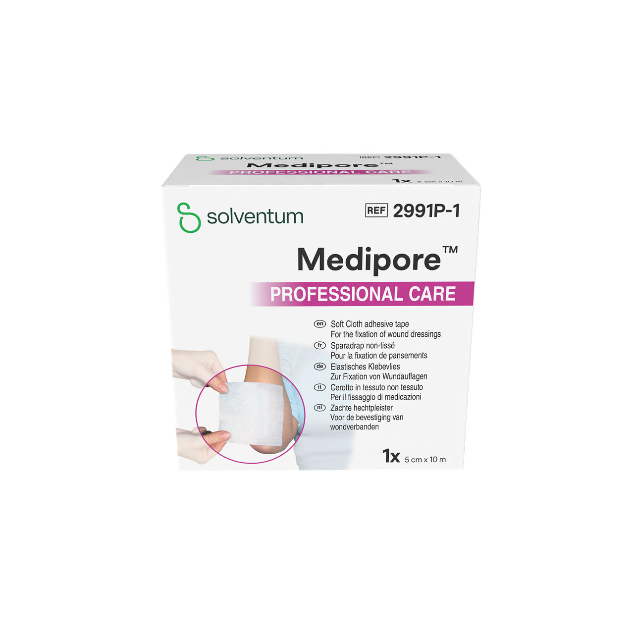 Solventum™ Medipore™ Professional Care Soft Cloth Adhesive Tape for the Fixation of Wound Dressings, 2991P-1, 5 cm x 10 m, 1/CAR - Back, Center, In Packaging (7C1)