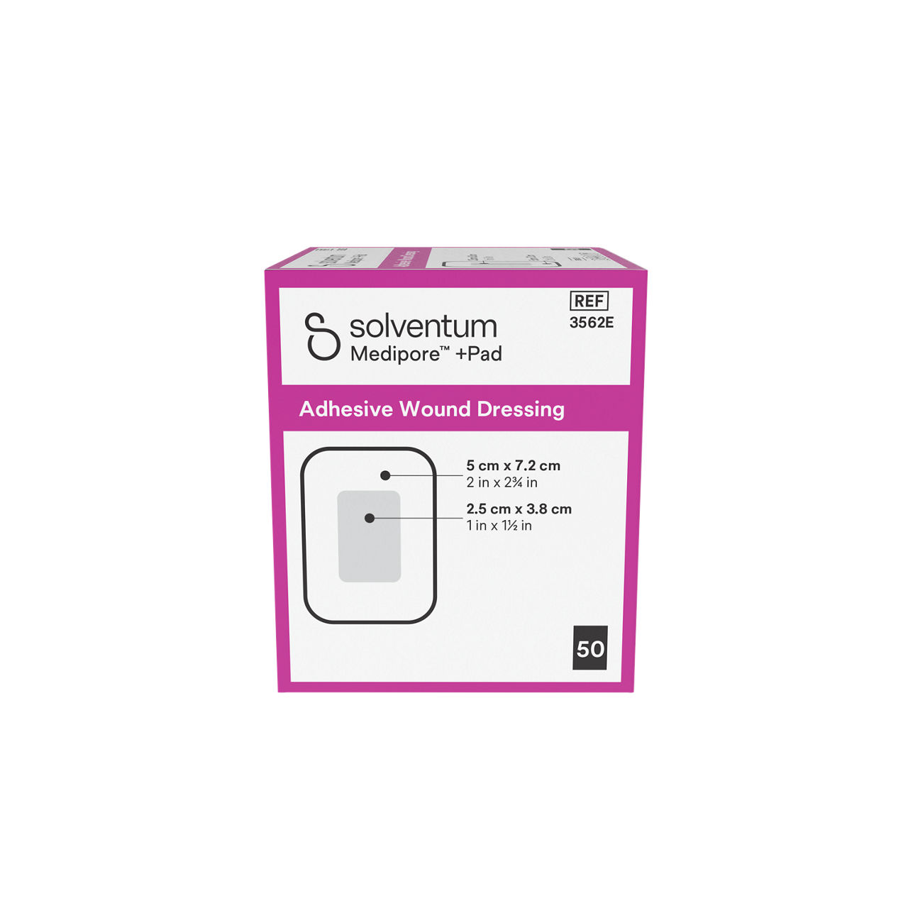 Solventum™ Medipore™ +Pad Adhesive Wound Dressing, 3562E, 5 x 7.2 cm (2 x 2¾ in), Pad - 2.5 x 3.8 cm (1 x 1½ in), 50/CAR - Front, Center, In Packaging (1C1)