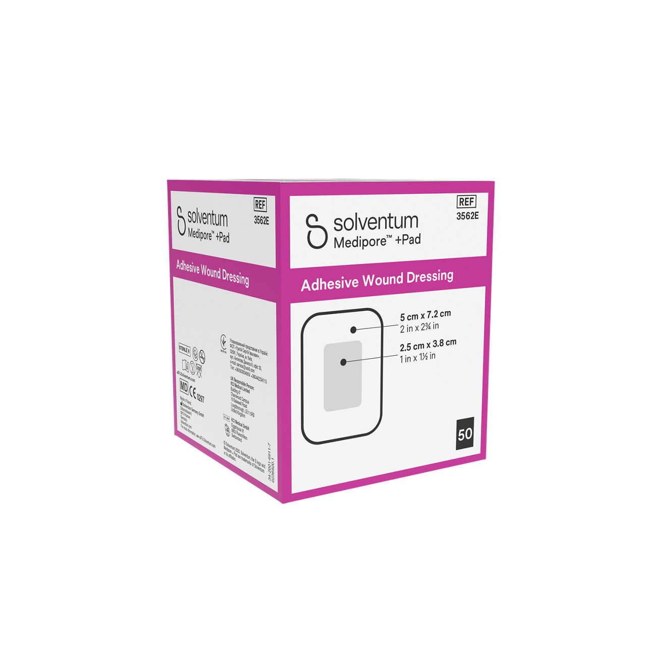 Solventum™ Medipore™ +Pad Adhesive Wound Dressing, 3562E, 5 x 7.2 cm (2 x 2¾ in), Pad - 2.5 x 3.8 cm (1 x 1½ in), 50/CAR - Front, Left, In Packaging (1L1)