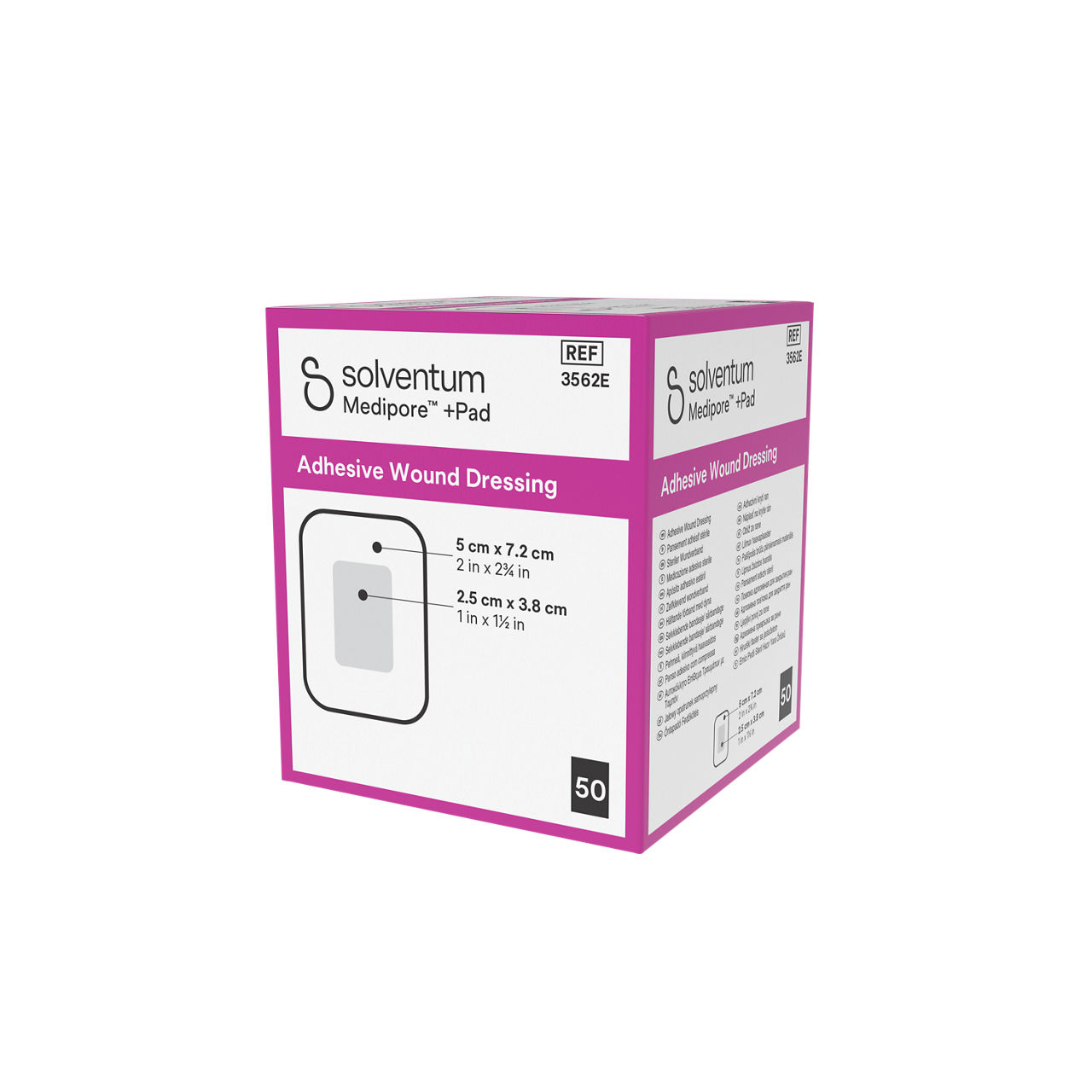 Solventum™ Medipore™ +Pad Adhesive Wound Dressing, 3562E, 5 x 7.2 cm (2 x 2¾ in), Pad - 2.5 x 3.8 cm (1 x 1½ in), 50/CAR - Front, Right, In Packaging (1R1)