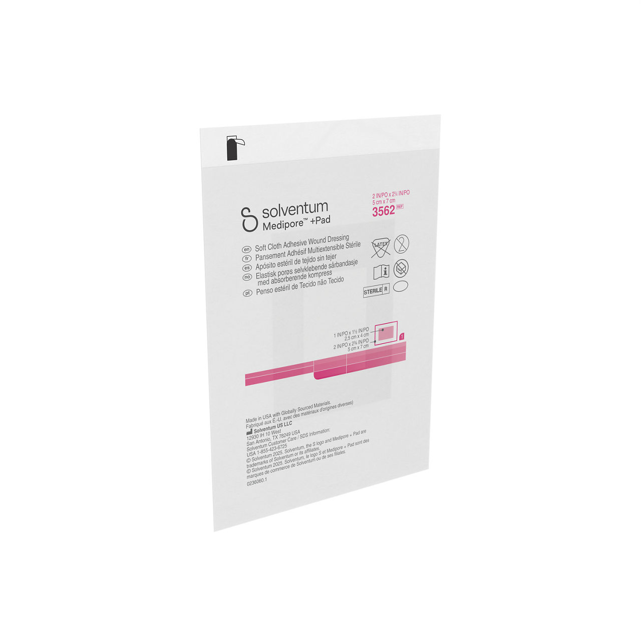 Solventum™ Medipore™ +Pad Adhesive Wound Dressing, 3562, Dressing - 2 in x 2 3/4 in, Pad - 1 in x 1 1/2 in -Front, Left, Out of Packaging (1L0)