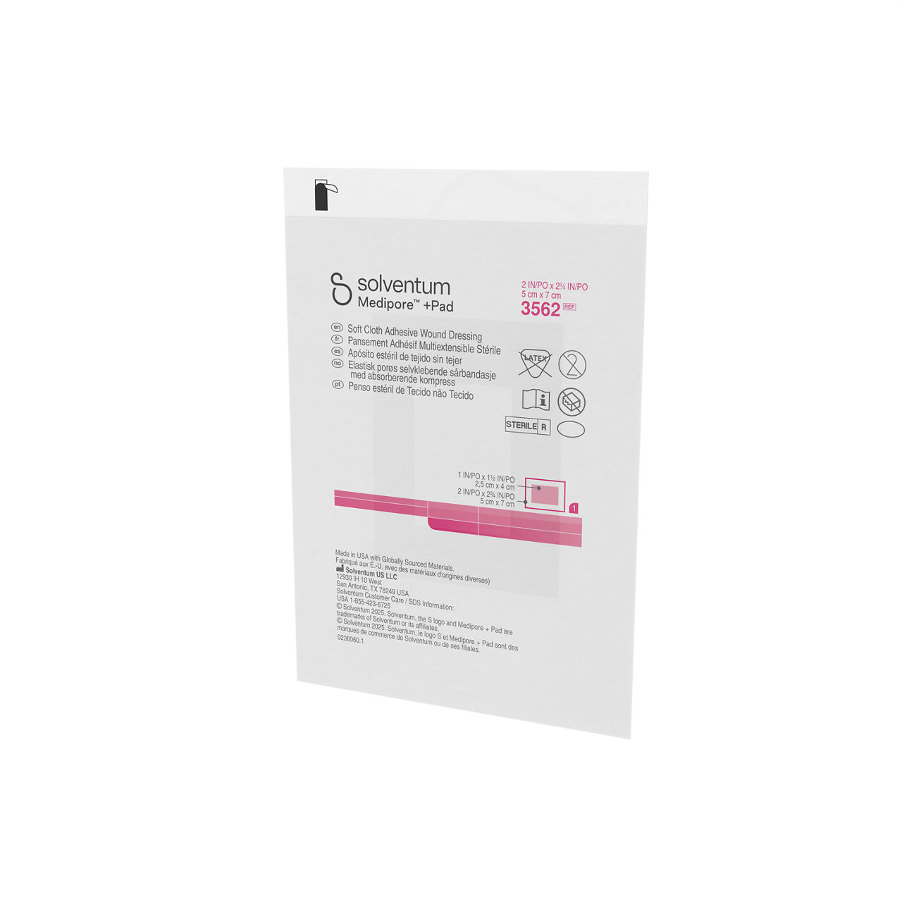 Solventum™ Medipore™ +Pad Adhesive Wound Dressing, 3562, Dressing - 2 in x 2 3/4 in, Pad - 1 in x 1 1/2 in -Front, Right, Out of Packaging (1R0)