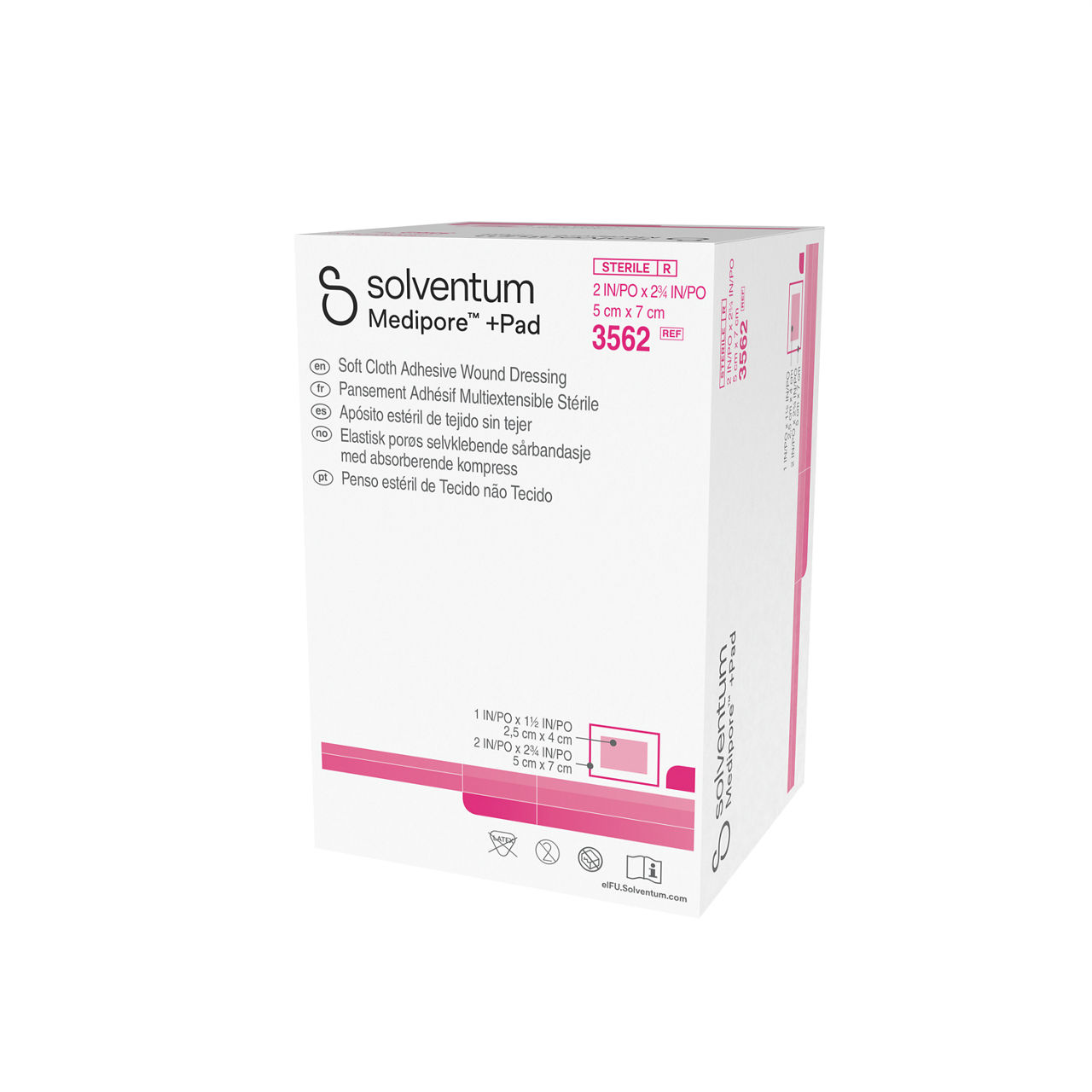 Solventum™ Medipore™ +Pad Adhesive Wound Dressing, 3562, Dressing - 2 in x 2 3/4 in, Pad - 1 in x 1 1/2 in -Front, Right, In Packaging (1R1)
