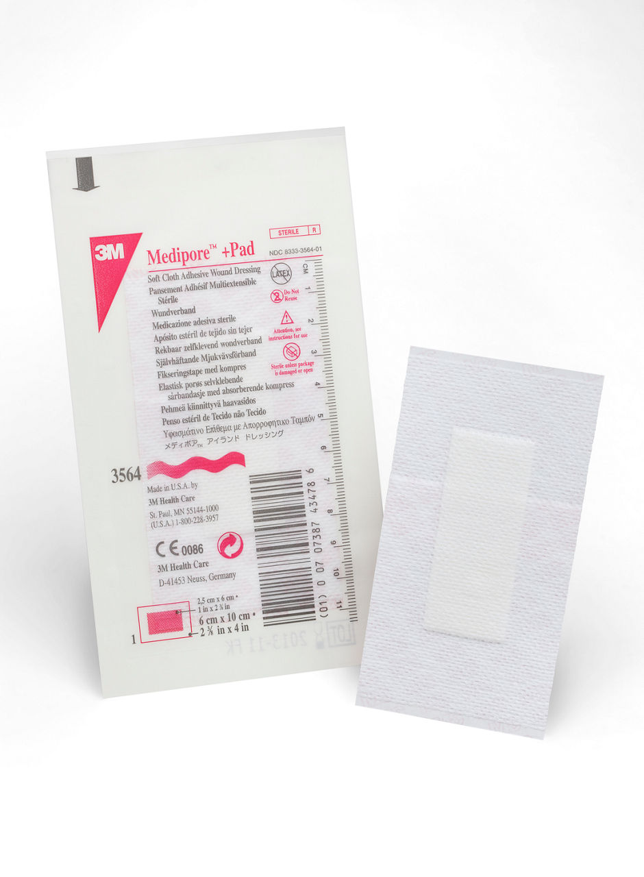 3M™ Medipore™ +Pad Soft Cloth Adhesive Wound Dressing, 3564, Dressing -2-3/8 in x 4 in, Pad - 1 in x 2-3/8 in