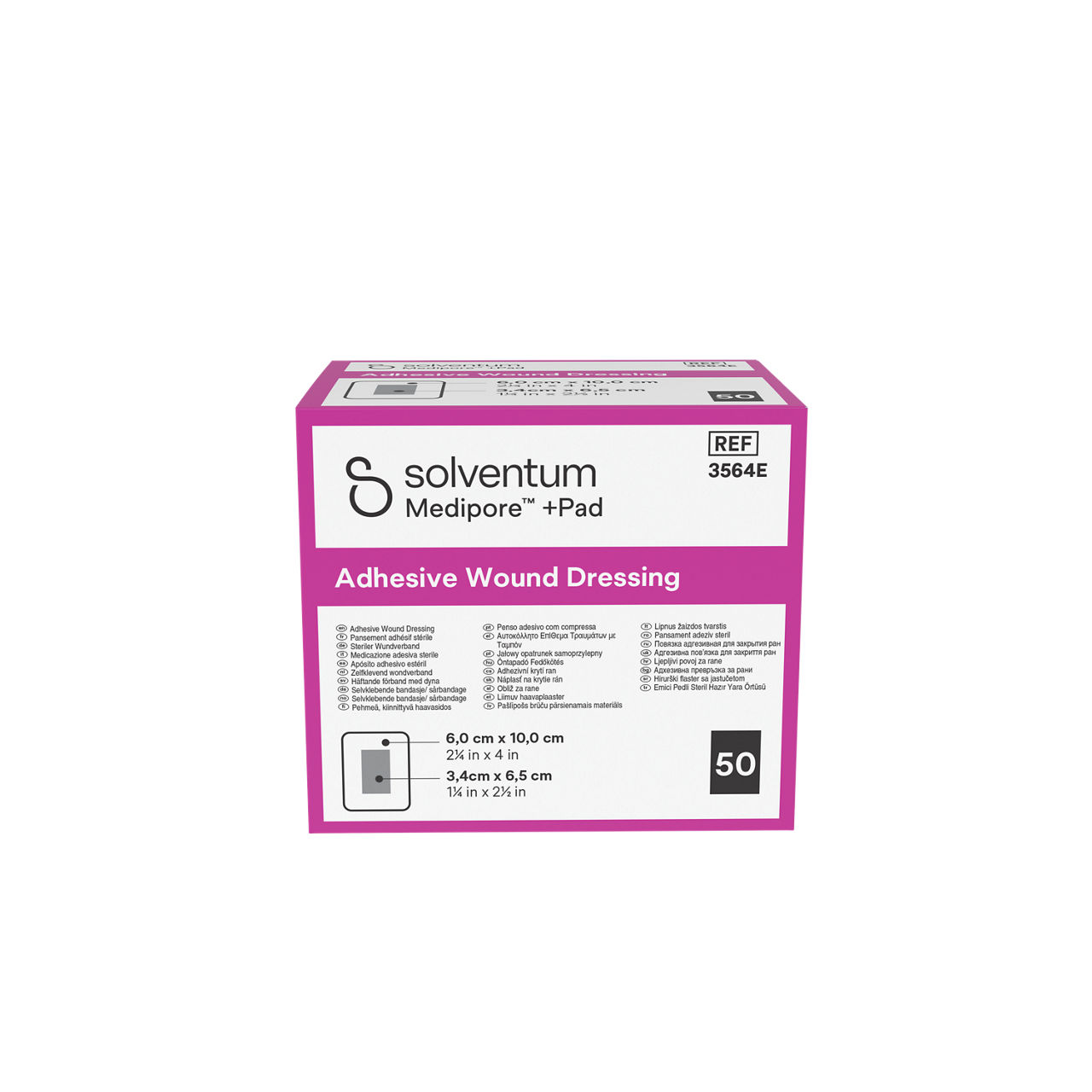 Solventum™ Medipore™ +Pad Adhesive Wound Dressing, 3564E, 6 x 10 cm (2¼ x 4 in), Pad - 3,4 x 6,5 cm (1¼ x 2½ in), 50/CAR - Front, Center, In Packaging (1C1)