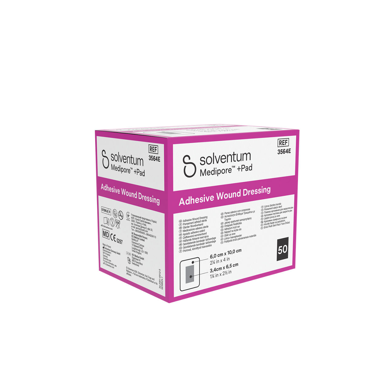 Solventum™ Medipore™ +Pad Adhesive Wound Dressing, 3564E, 6 x 10 cm (2¼ x 4 in), Pad - 3,4 x 6,5 cm (1¼ x 2½ in), 50/CAR - Front, Left, In Packaging (1L1)