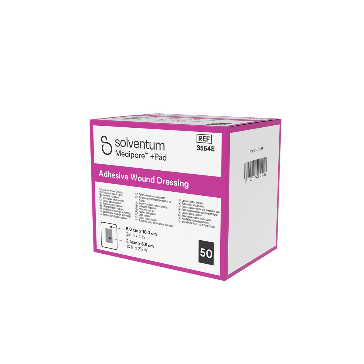 Solventum™ Medipore™ +Pad Adhesive Wound Dressing, 3564E, 6 x 10 cm (2¼ x 4 in), Pad - 3,4 x 6,5 cm (1¼ x 2½ in), 50/CAR - Front, Right, In Packaging (1R1)