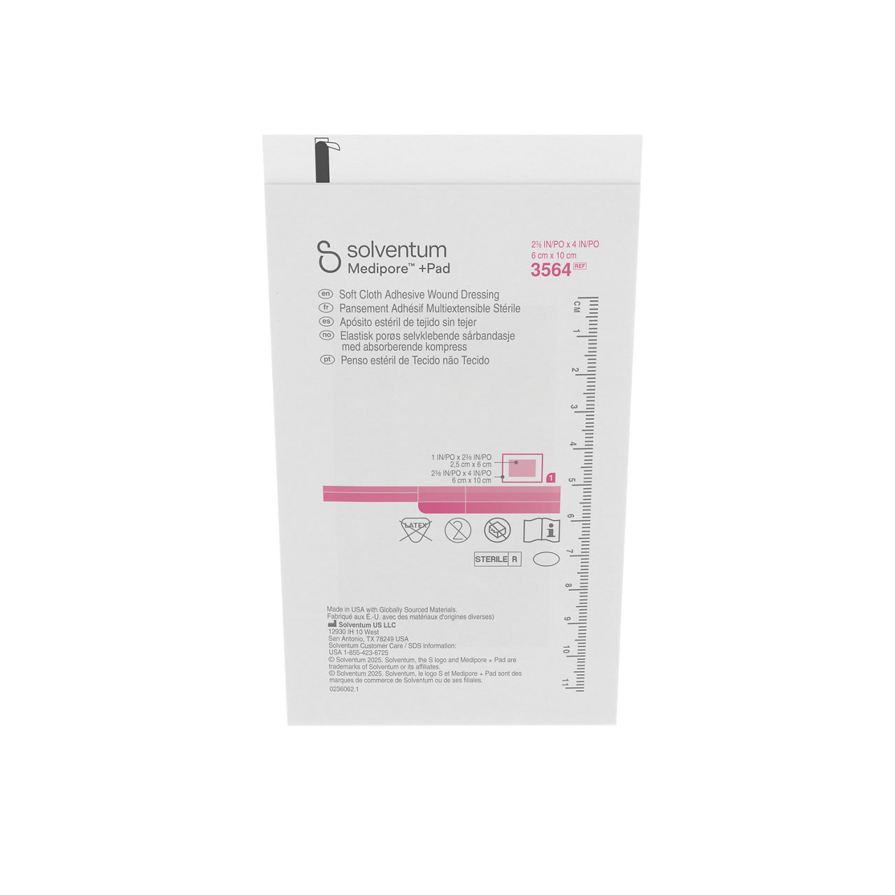 Solventum™ Medipore™+Pad Adhesive Wound Dressing, 3564, Dressing - 23/8in x 4 in, Pad - 1 in x 2 3/8 in -Front, Center, Out of Packaging (1C0)