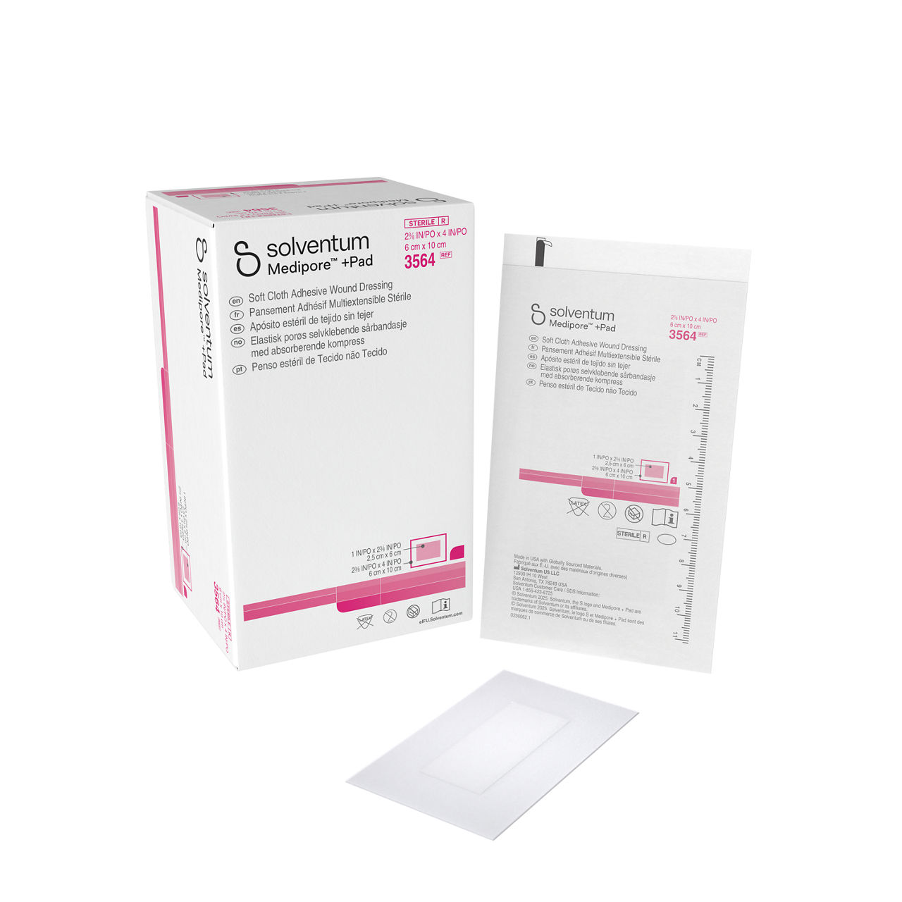 Solventum™ Medipore™+Pad Adhesive Wound Dressing, 3564, Dressing - 23/8in x 4 in, Pad - 1 in x 2 3/8 in