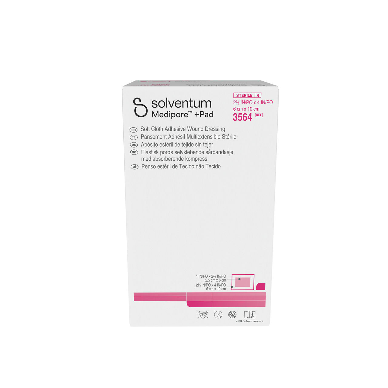 Solventum™ Medipore™+Pad Adhesive Wound Dressing, 3564, Dressing - 23/8in x 4 in, Pad - 1 in x 2 3/8 in -Front, Center, In Packaging (1C1)