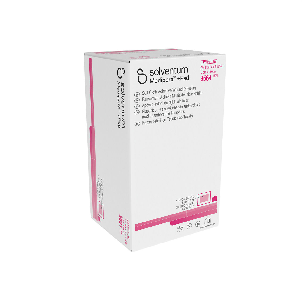 Solventum™ Medipore™+Pad Adhesive Wound Dressing, 3564, Dressing - 23/8in x 4 in, Pad - 1 in x 2 3/8 in -Front, Left, In Packaging (1L1)