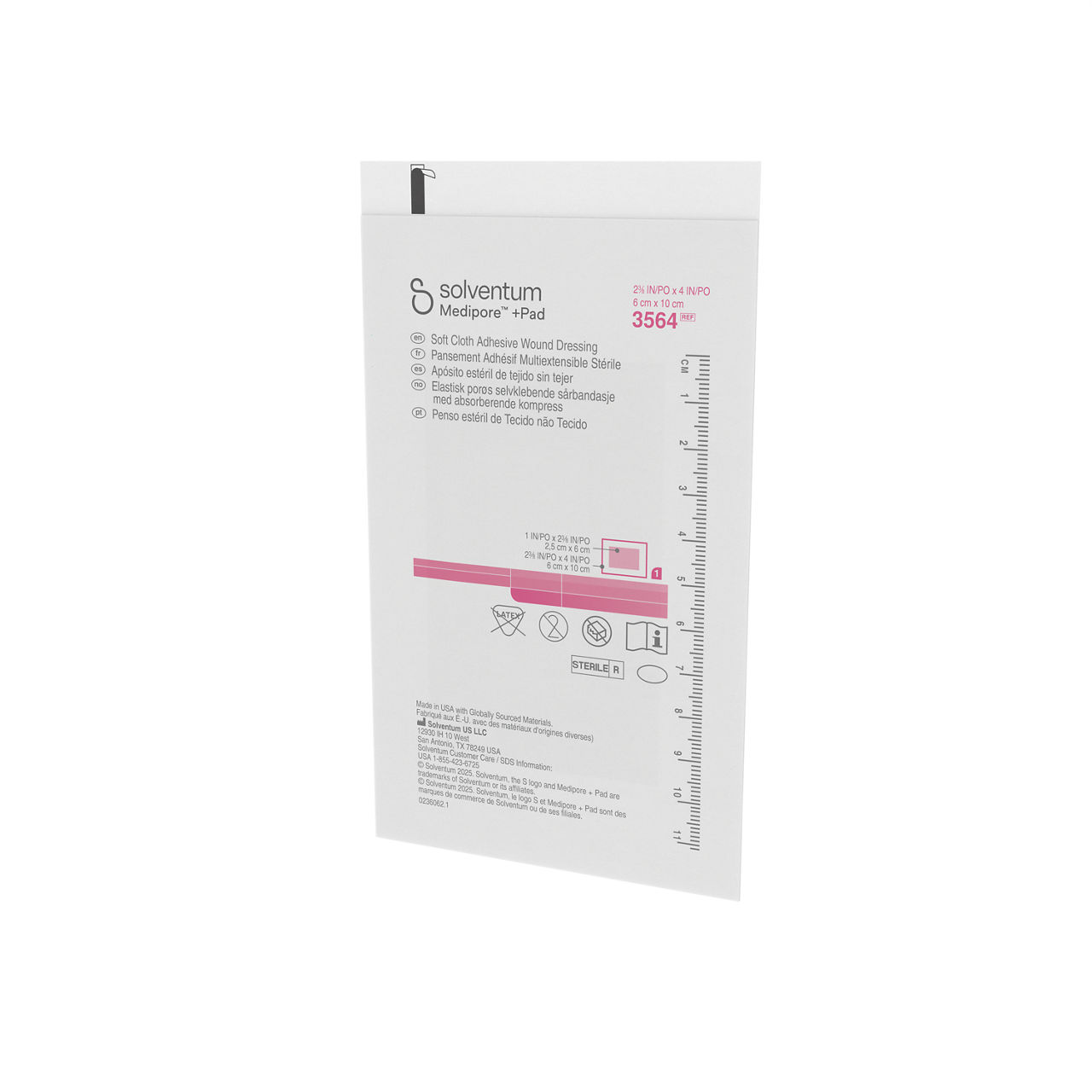 Solventum™ Medipore™+Pad Adhesive Wound Dressing, 3564, Dressing - 23/8in x 4 in, Pad - 1 in x 2 3/8 in -Front, Right, Out of Packaging (1R0)