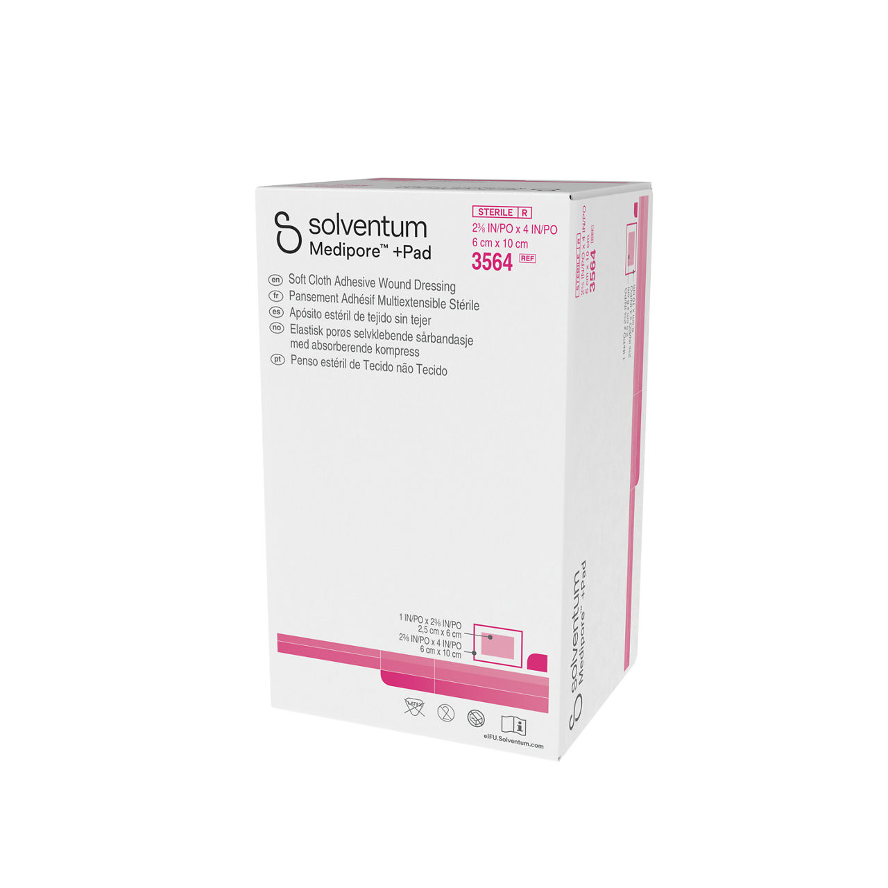 Solventum™ Medipore™+Pad Adhesive Wound Dressing, 3564, Dressing - 23/8in x 4 in, Pad - 1 in x 2 3/8 in -Front, Right, In Packaging (1R1)