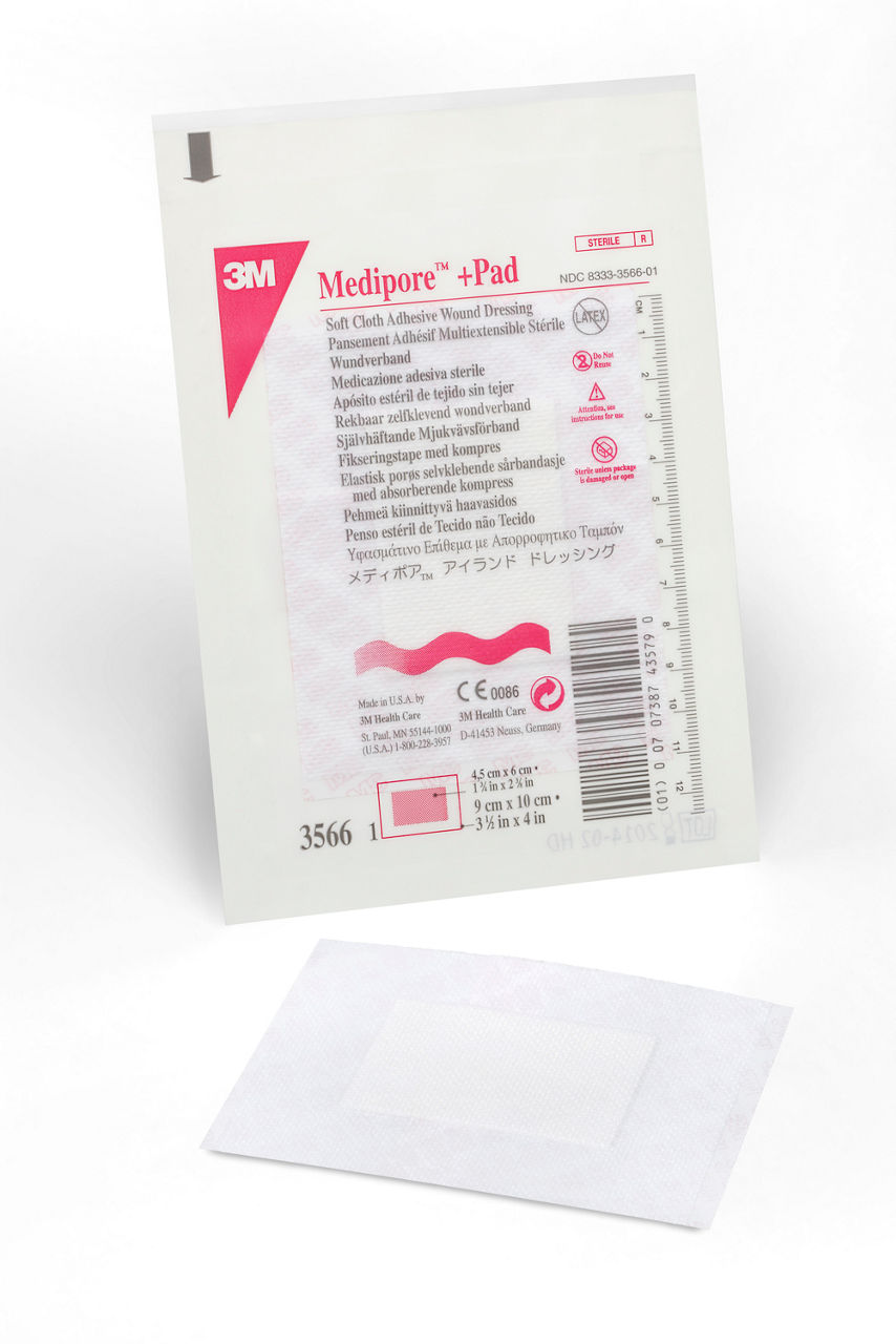 3M™ Medipore™ +Pad Soft Cloth Adhesive Wound Dressing, 3566, Dressing -3-1/2 in x 4 in, Pad - 1-3/4 in x 2-3/8 in