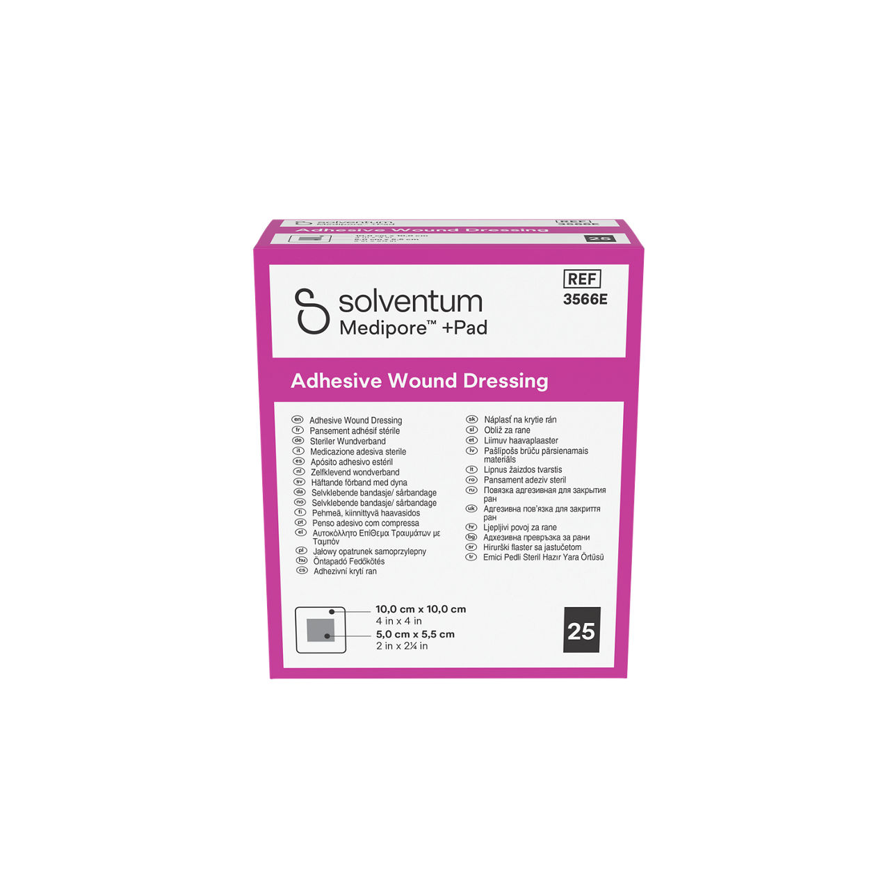 Solventum™ Medipore™ +Pad Adhesive Wound Dressing, 3566E, 10 x 10 cm (4 x 4 in), Pad - 5 x 5,5 cm (2 x 2¼ in), 25/CAR - Front, Center, In Packaging (1C1)