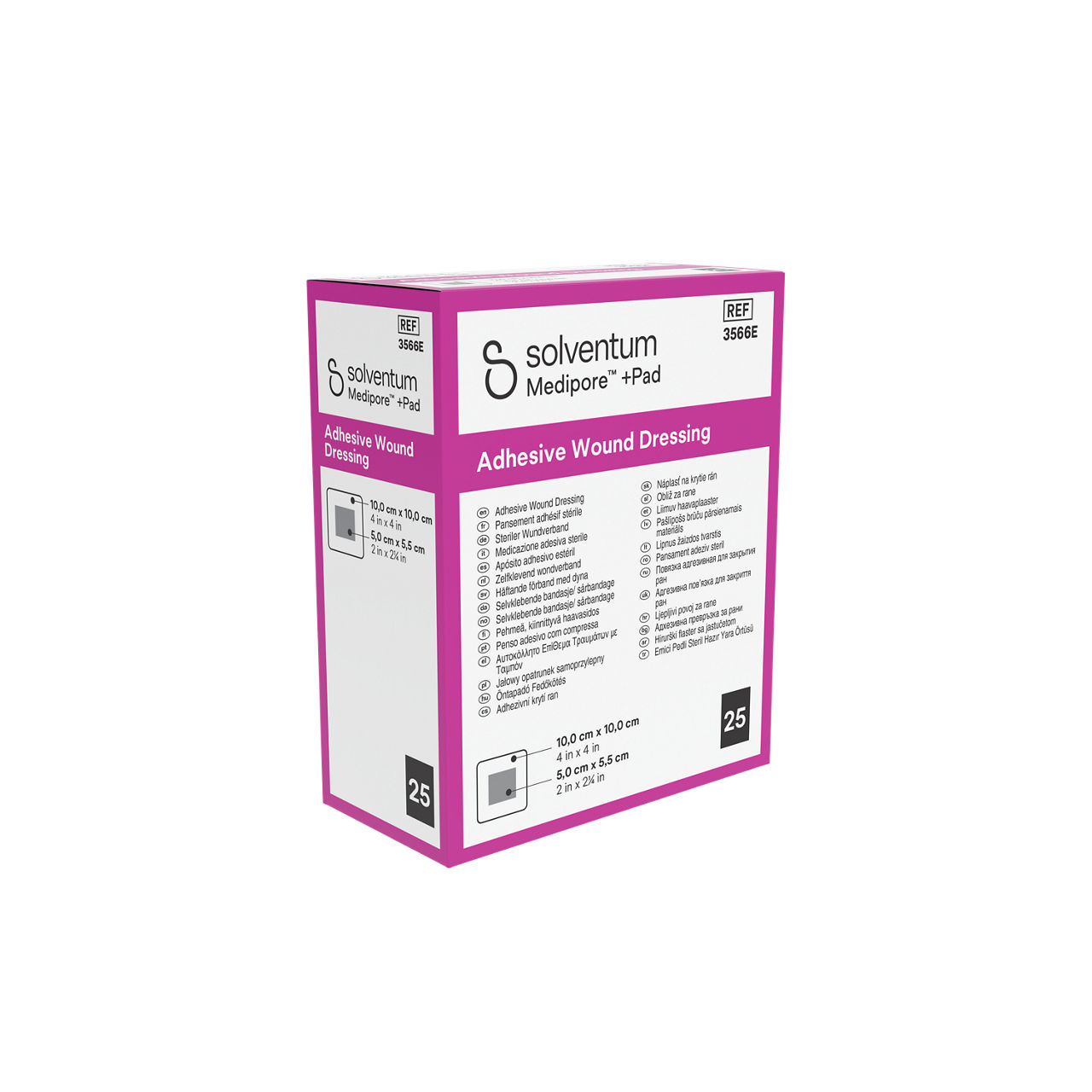 Solventum™ Medipore™ +Pad Adhesive Wound Dressing, 3566E, 10 x 10 cm (4 x 4 in), Pad - 5 x 5,5 cm (2 x 2¼ in), 25/CAR - Front, Left, In Packaging (1L1)