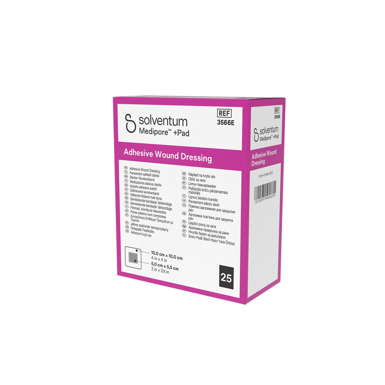 Solventum™ Medipore™ +Pad Adhesive Wound Dressing, 3566E, 10 x 10 cm (4 x 4 in), Pad - 5 x 5,5 cm (2 x 2¼ in), 25/CAR - Front, Right, In Packaging (1R1)