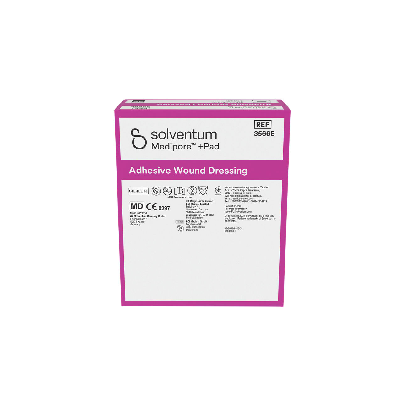 Solventum™ Medipore™ +Pad Adhesive Wound Dressing, 3566E, 10 x 10 cm (4 x 4 in), Pad - 5 x 5,5 cm (2 x 2¼ in), 25/CAR - Back, Center, In Packaging (7C1)