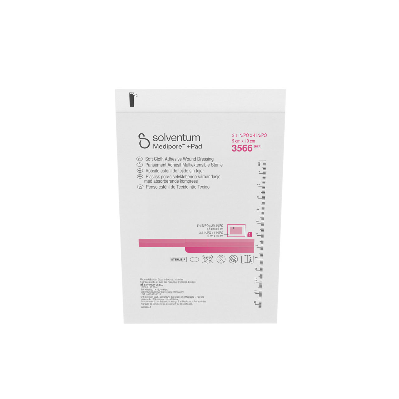 Solventum™ Medipore™ +Pad Adhesive Wound Dressing, 3566, Dressing - 3 1/2in x 4 in, Pad - 1 3/4 in x 2 3/8 in - Front, Center, Out of Packaging (1C0)