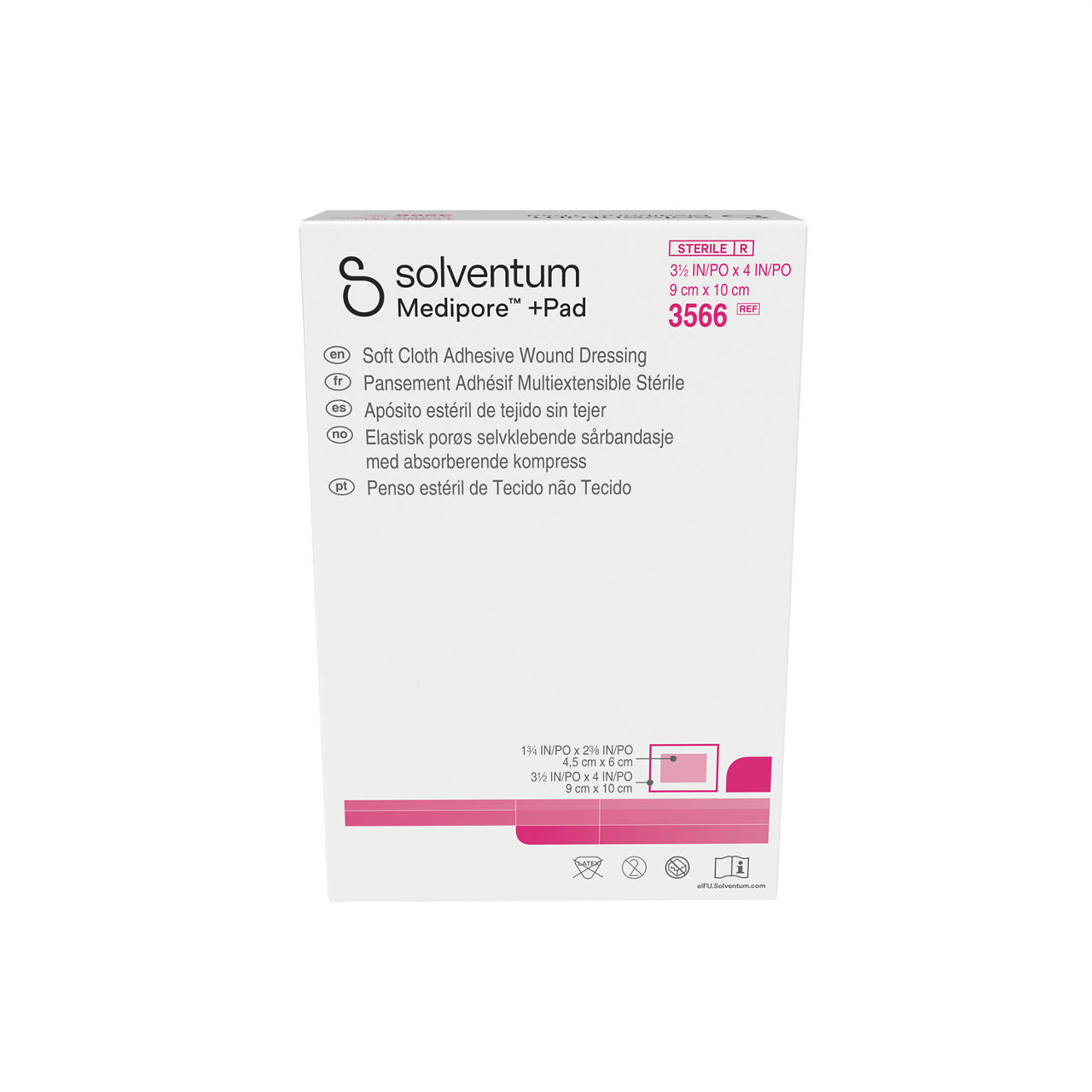 Solventum™ Medipore™ +Pad Adhesive Wound Dressing, 3566, Dressing - 3 1/2in x 4 in, Pad - 1 3/4 in x 2 3/8 in - Front, Center, In Packaging (1C1)