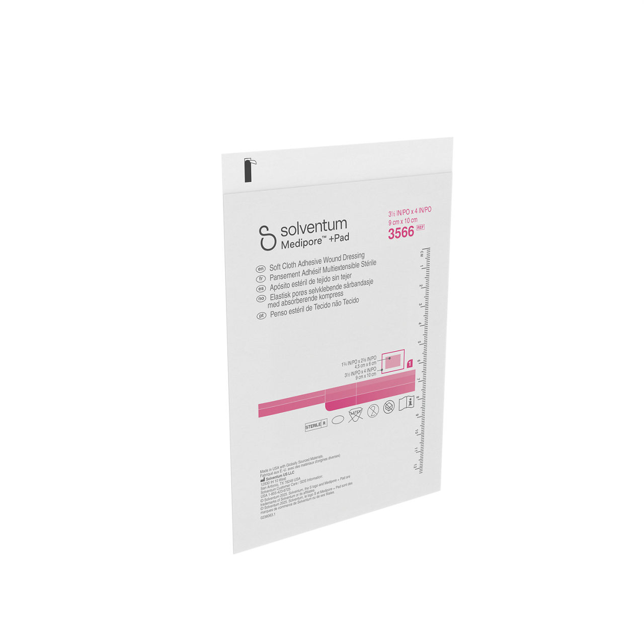 Solventum™ Medipore™ +Pad Adhesive Wound Dressing, 3566, Dressing - 3 1/2in x 4 in, Pad - 1 3/4 in x 2 3/8 in - Front, Left, Out of Packaging (1L0)