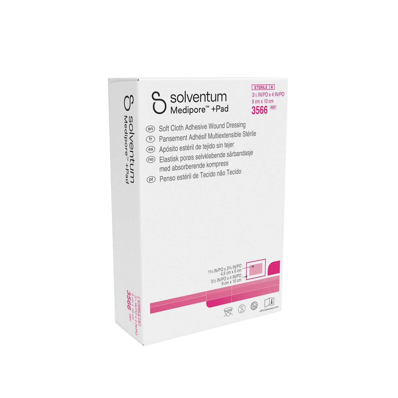 Solventum™ Medipore™ +Pad Adhesive Wound Dressing, 3566, Dressing - 3 1/2in x 4 in, Pad - 1 3/4 in x 2 3/8 in - Front, Left, In Packaging (1L1)